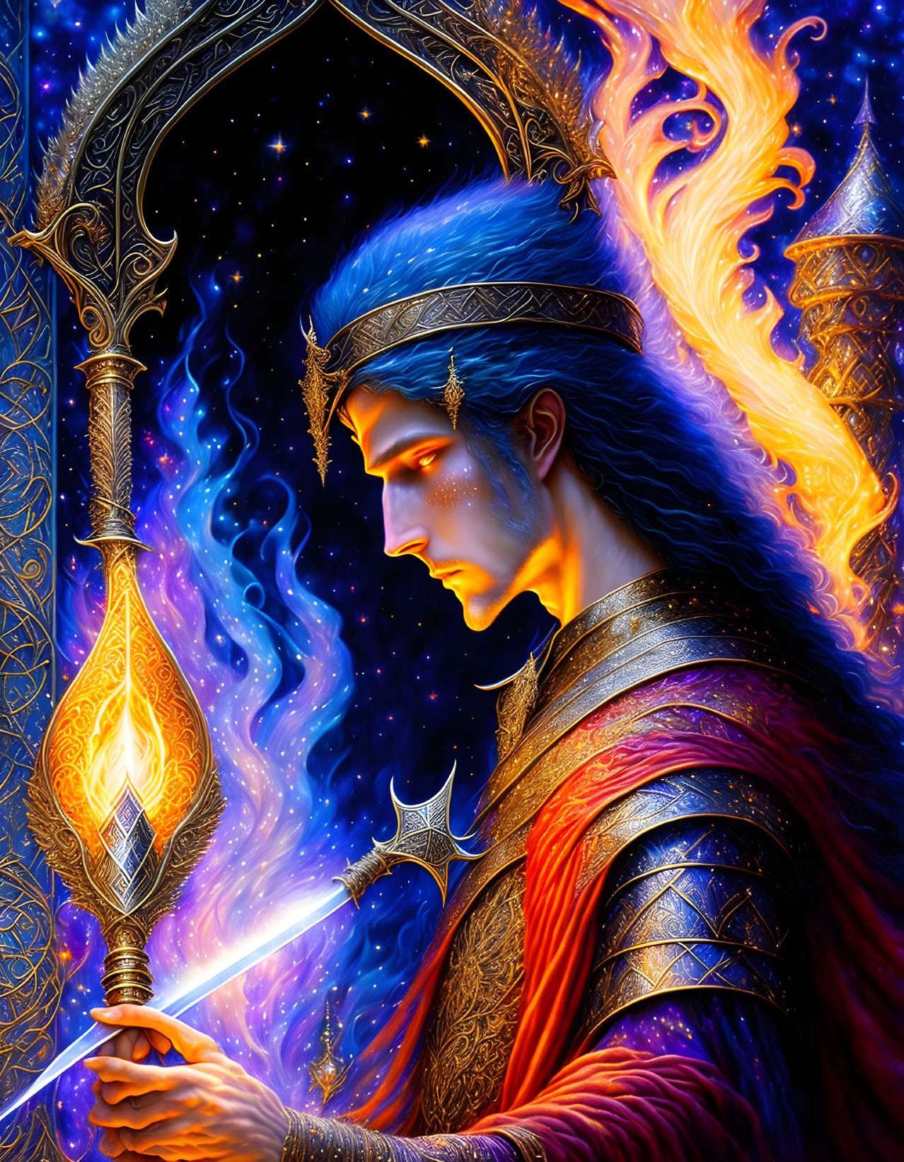 Elven warrior with jeweled crown holding magical staff in cosmic background