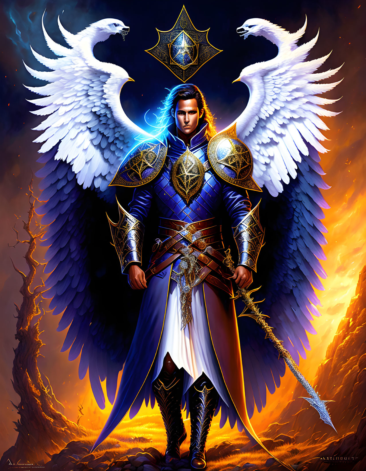 Fantasy art: Warrior with white wings, blue armor, glowing sword, fiery backdrop.