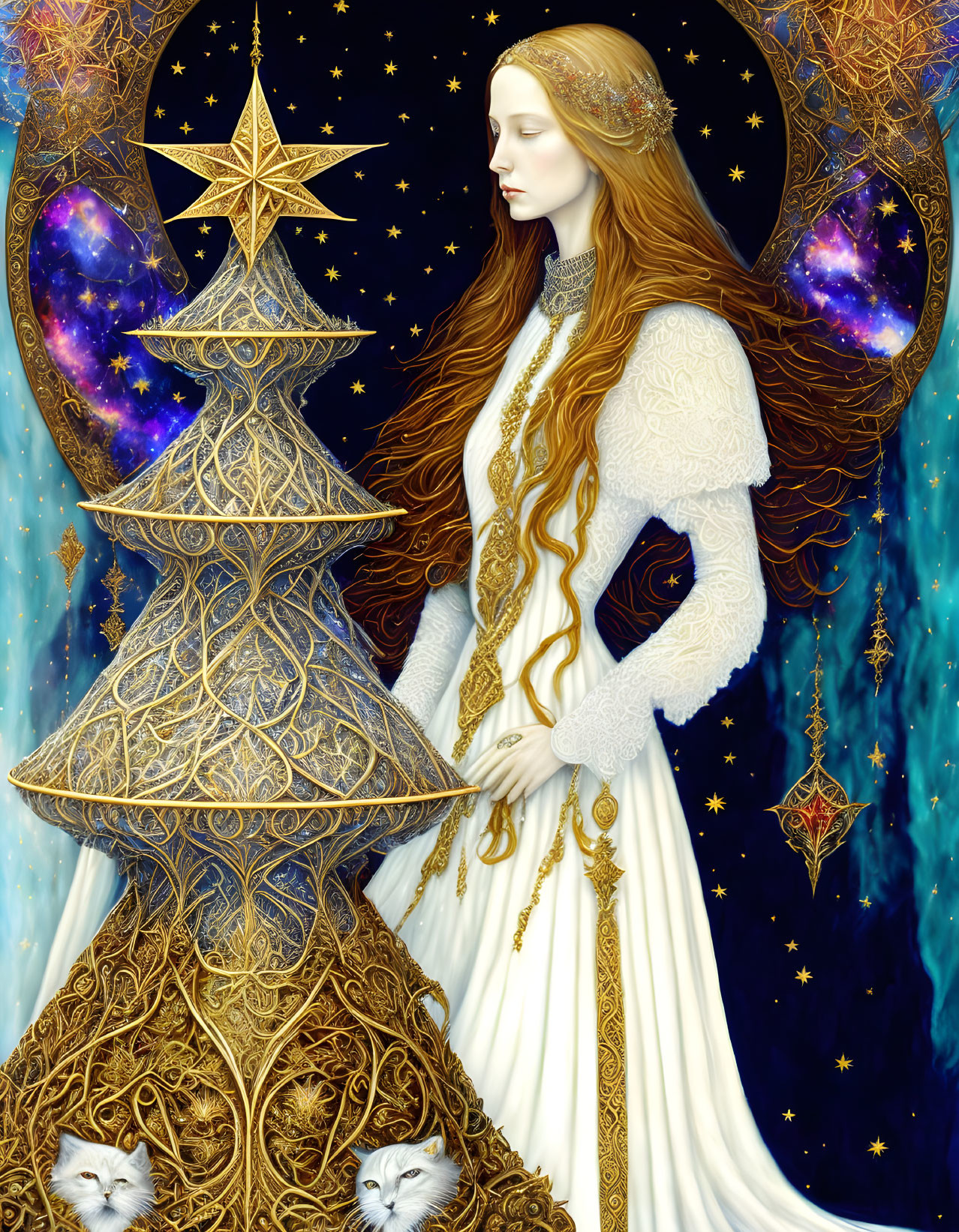 Ethereal woman in gold-and-white gown with cosmic motifs and white creatures