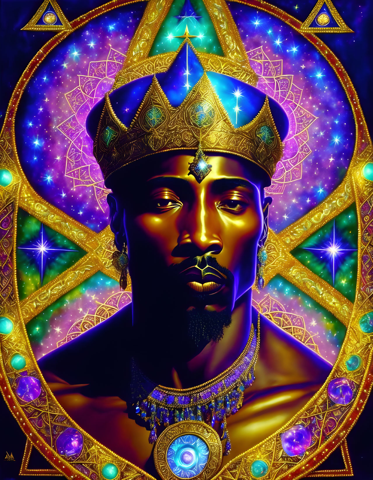 Regal figure with golden crown in cosmic-themed digital art