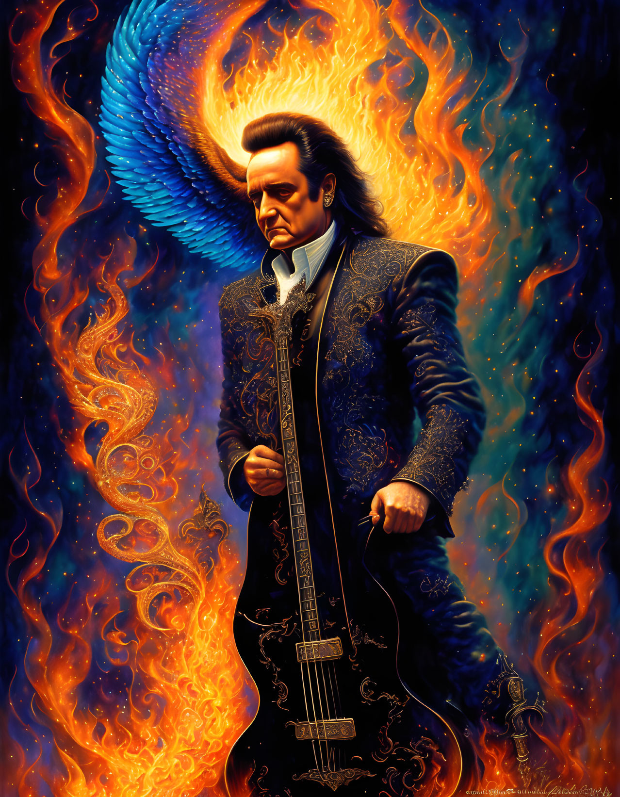 Man with Guitar Surrounded by Flames and Phoenix Portrait