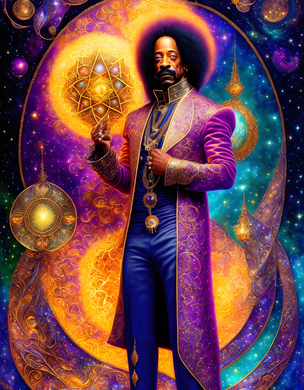 Majestic figure in purple and gold robe with cosmic motifs