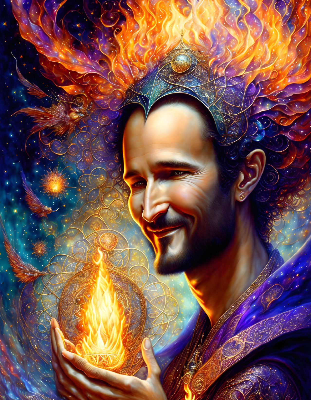 Vibrant digital art portrait of a man with fiery hair and cosmic background.