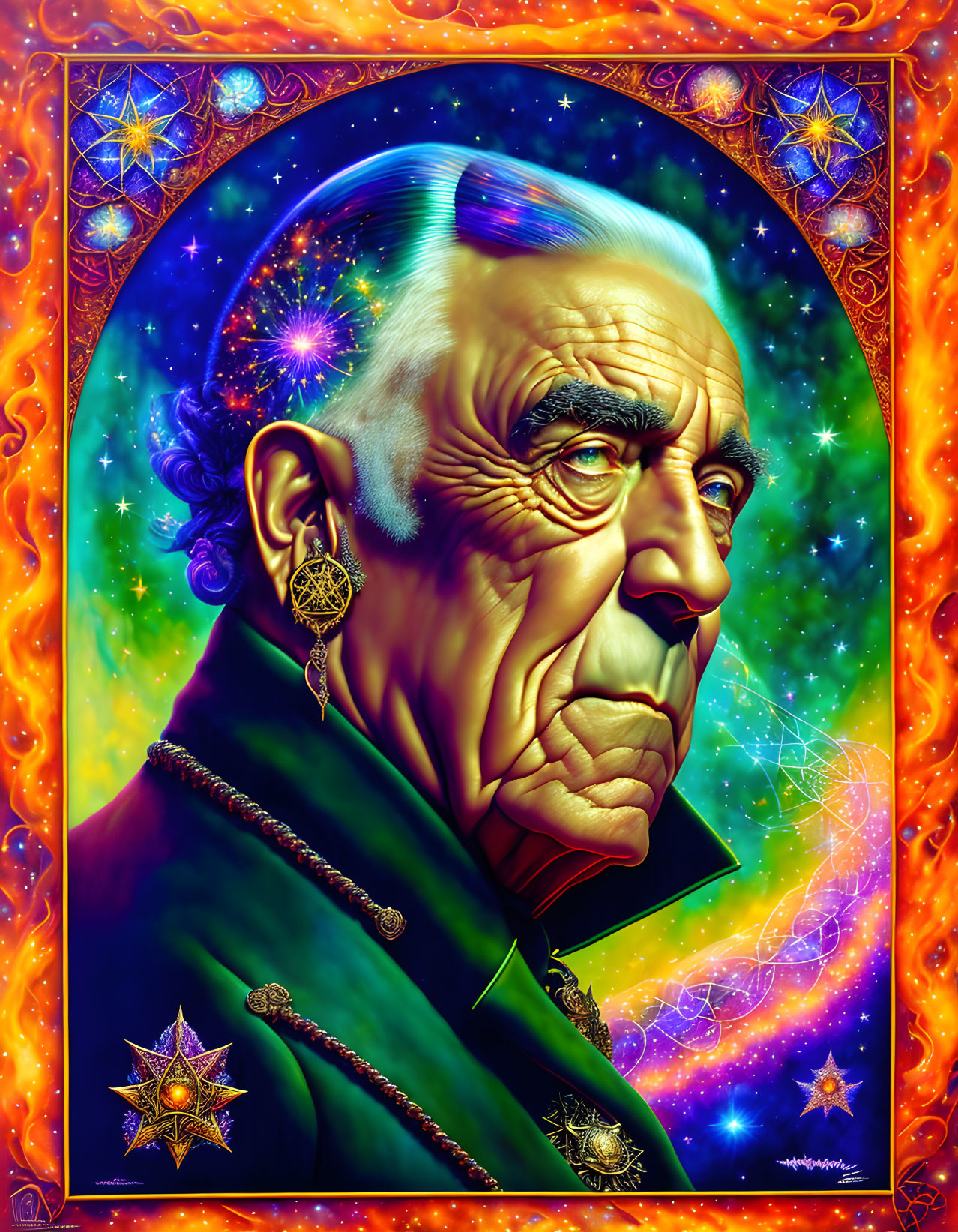 Detailed portrait of older man against cosmic background