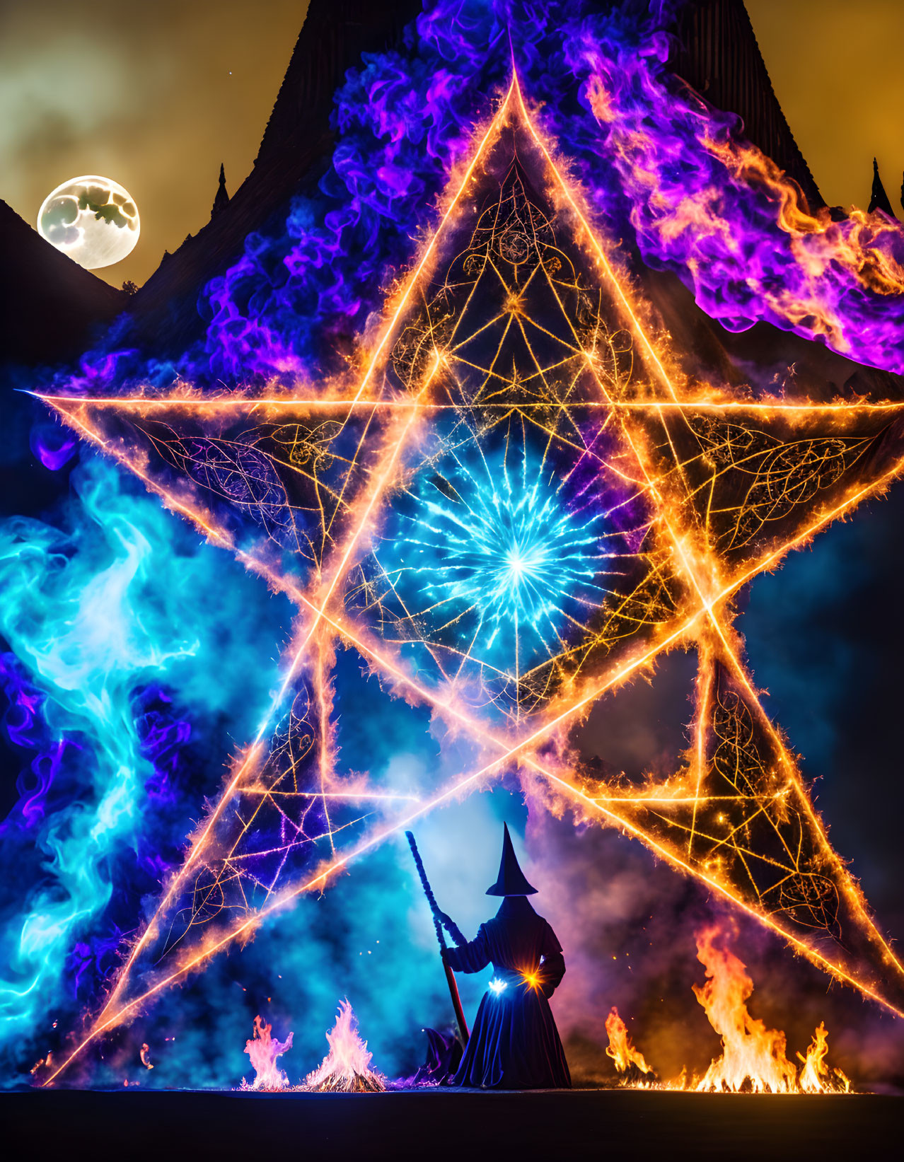 Wizard in costume casting magic in glowing pentagram under full moon