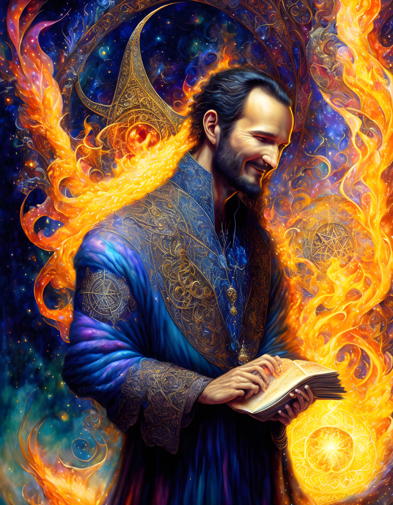 Bearded man in blue robe reading book with magical energy in cosmic setting