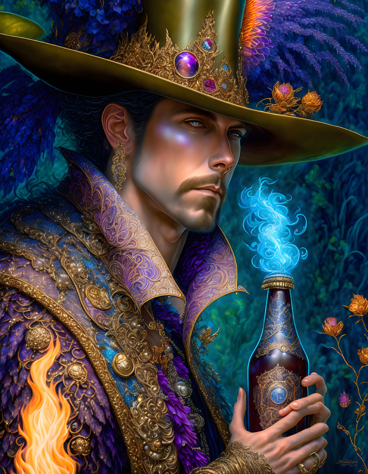 Renaissance man with potion bottle and golden crown in blue foliage