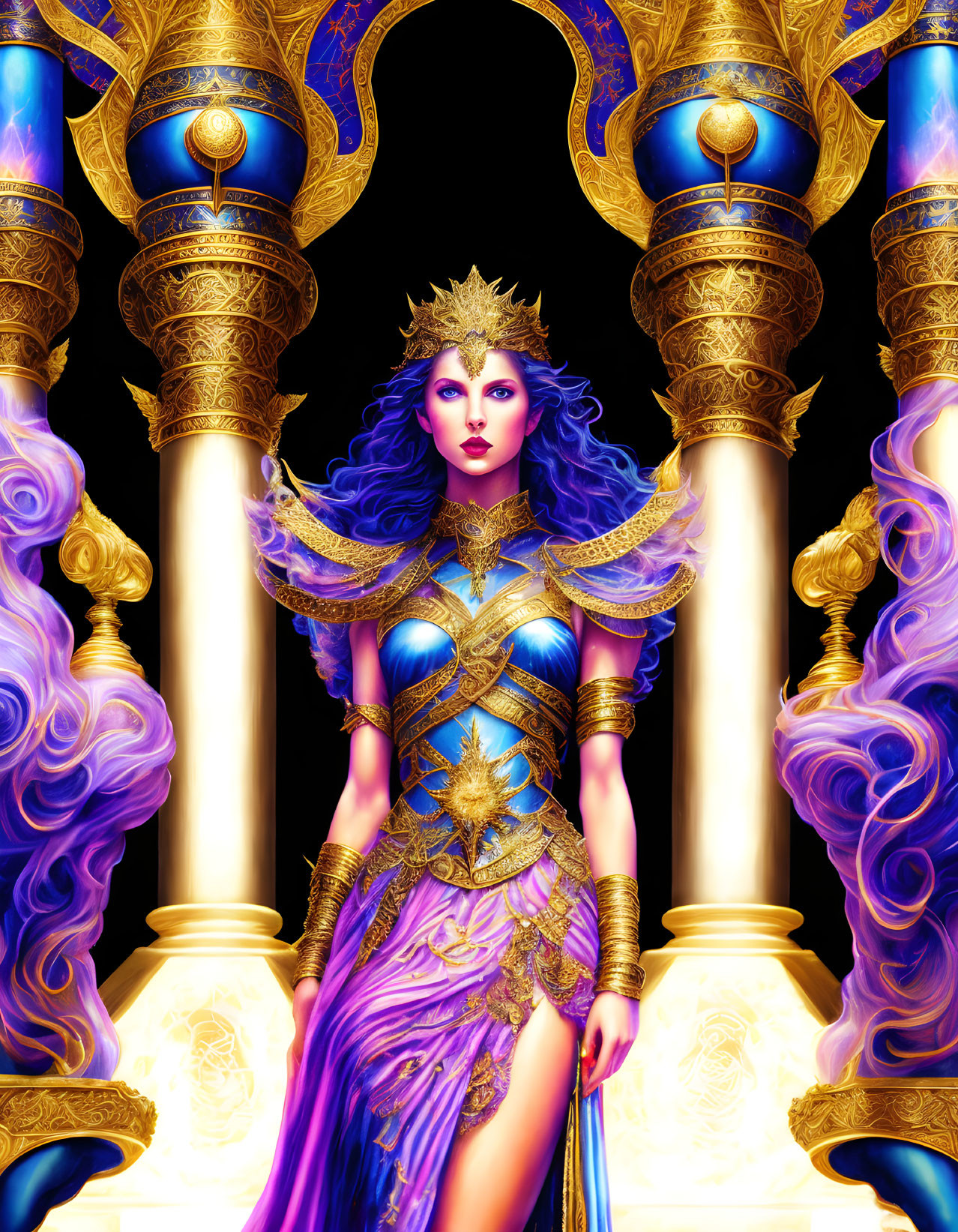 Regal character with purple hair in ornate blue and gold armor