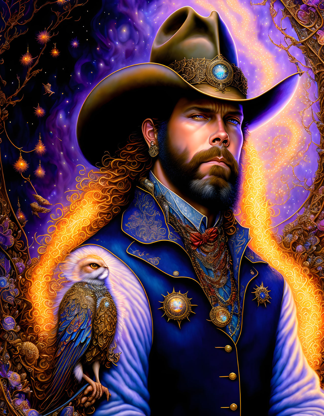 Man with Beard in Cowboy Hat and Owl in Cosmic Setting