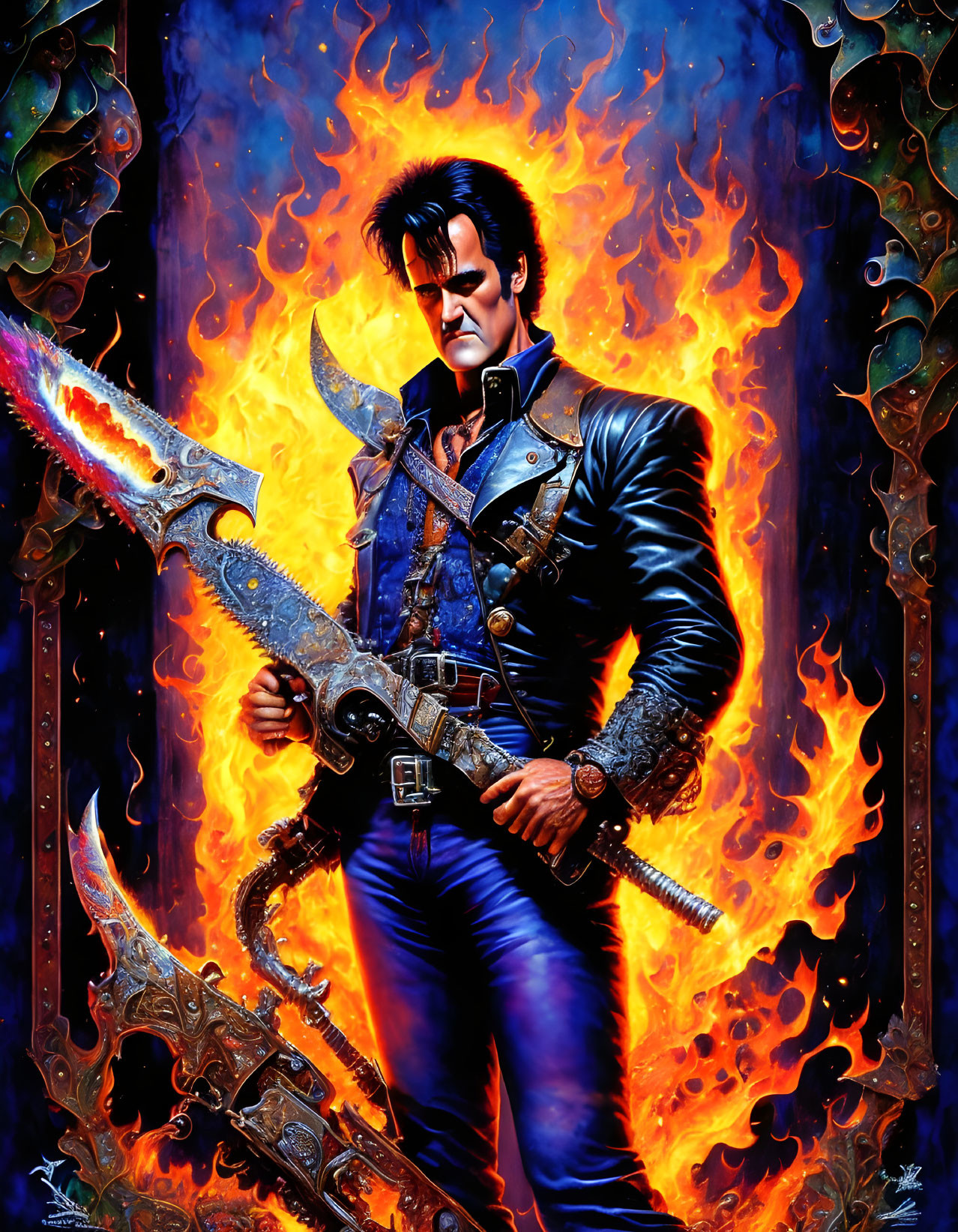 Stoic man with chainsaw hand in flames wearing leather jacket