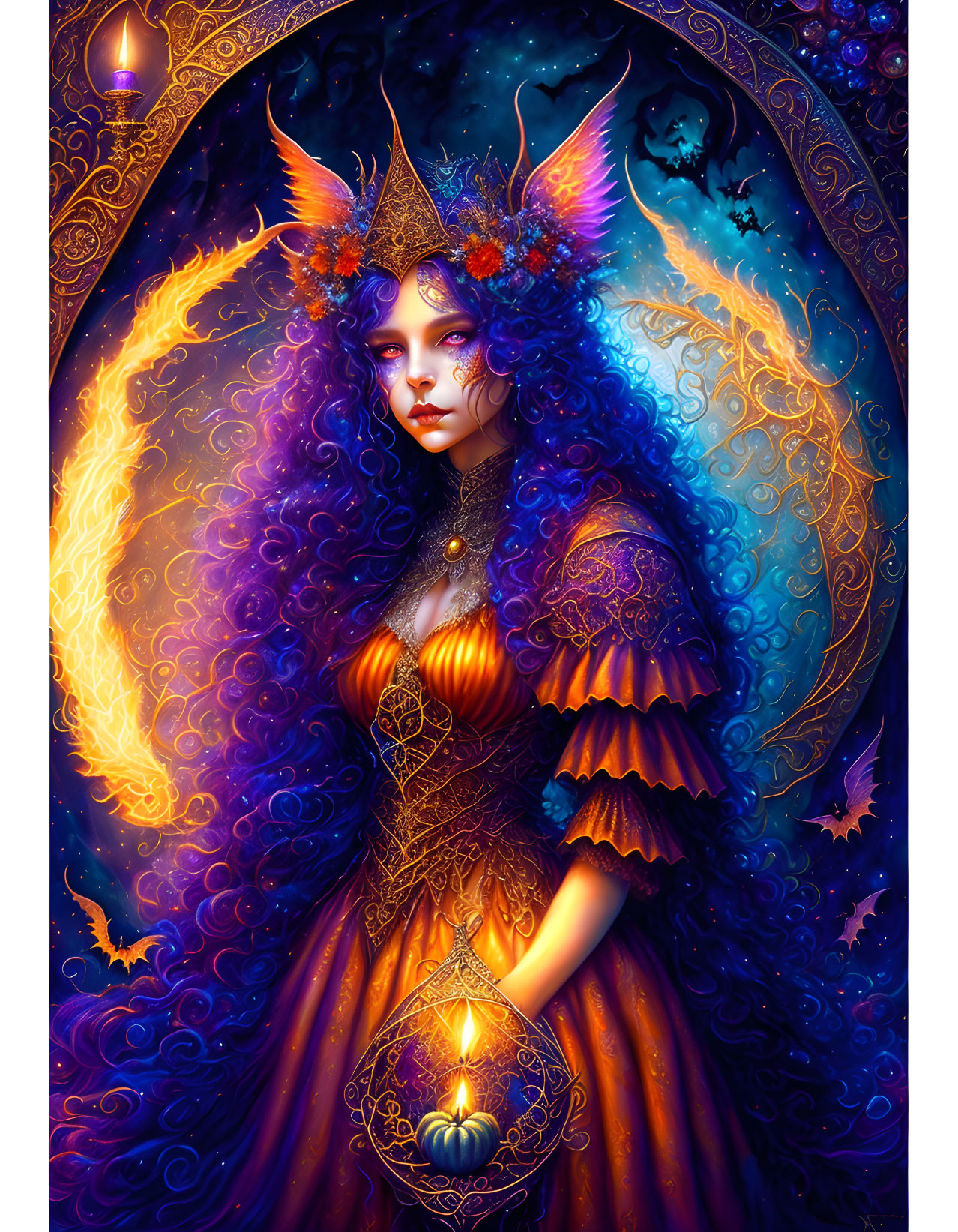 Fantasy illustration of mystical woman with horns and lantern in vibrant colors