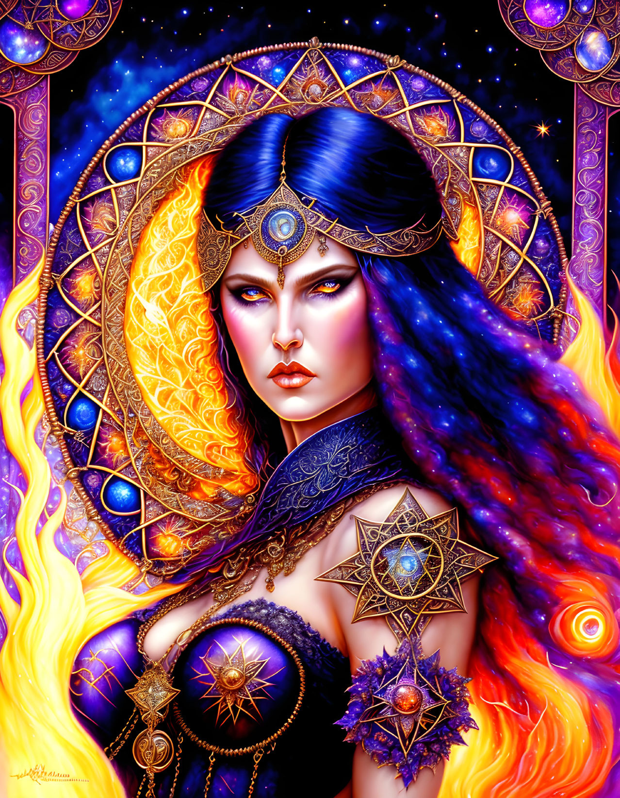 Mystical woman with blue skin and cosmic hair in celestial jewelry