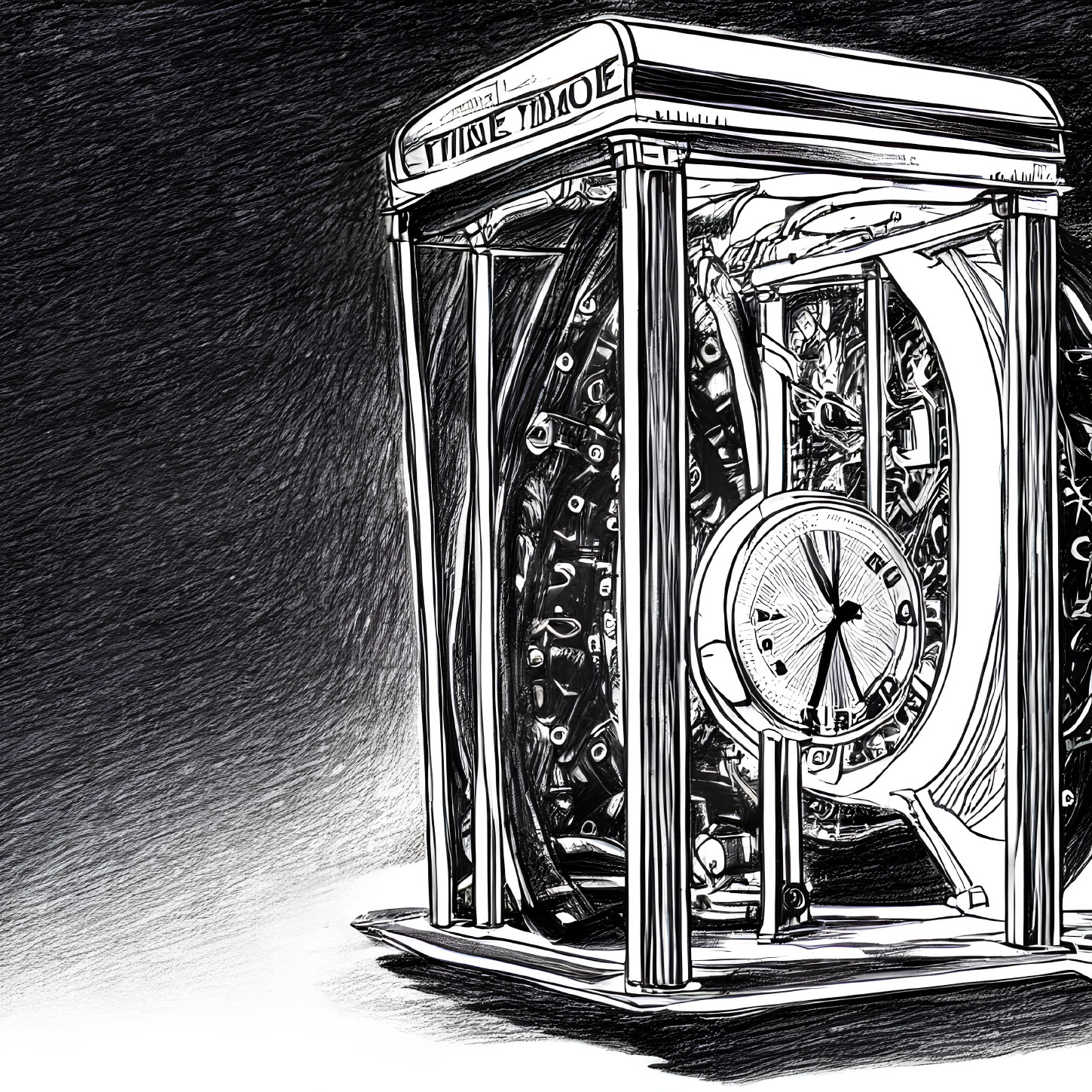 Detailed sketch of mechanical device with gears and central clock labeled "Time Machine