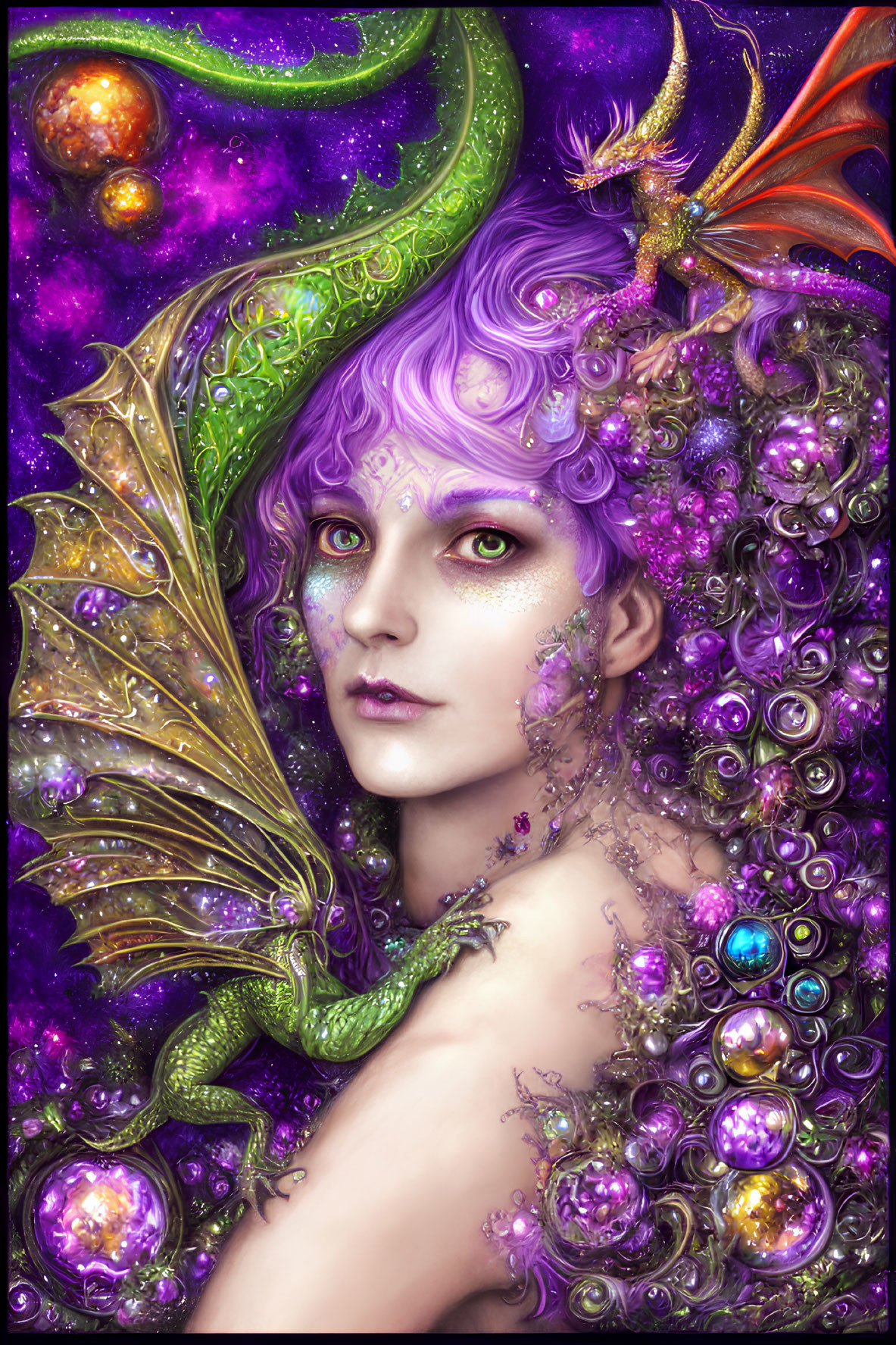 Purple-Haired Entity with Dragon-Like Features Surrounded by Bubbles and Small Dragon in Cosmic Setting