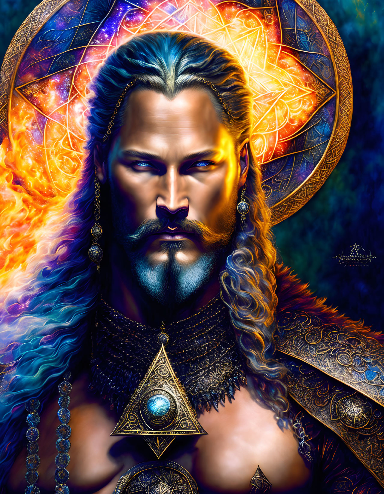 Mythical figure portrait with long hair, beard, ornate armor, cosmic background.