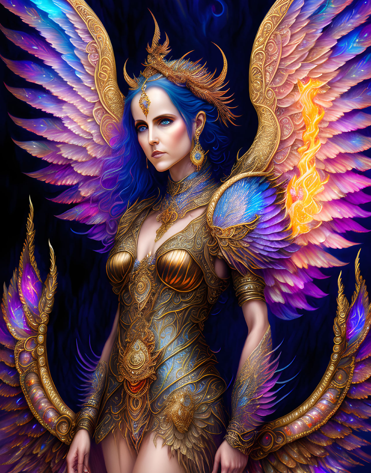 Fantasy illustration of woman with blue hair, golden armor, fiery wings