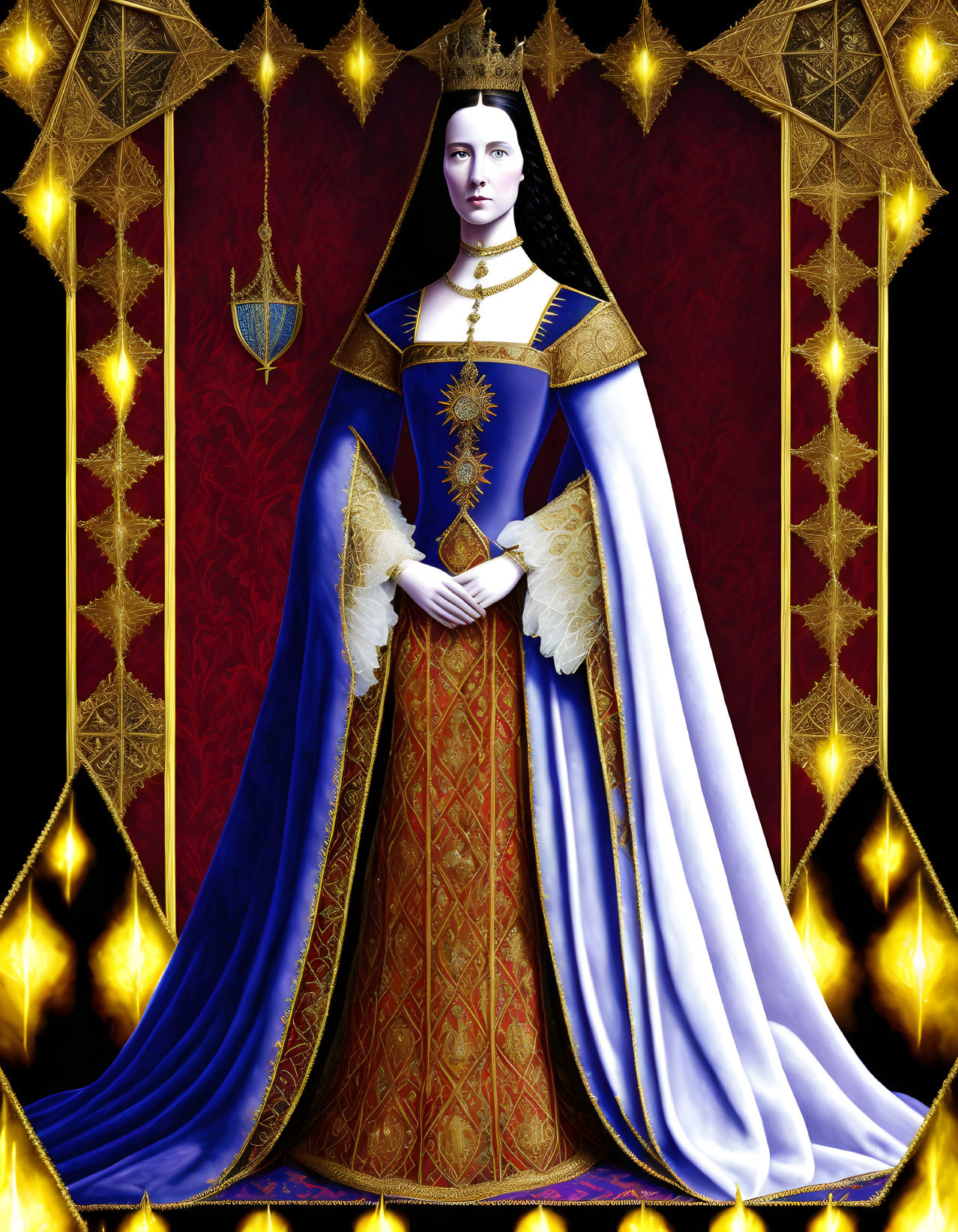 Regal Figure in Blue and Gold Medieval Attire with Stern Expression