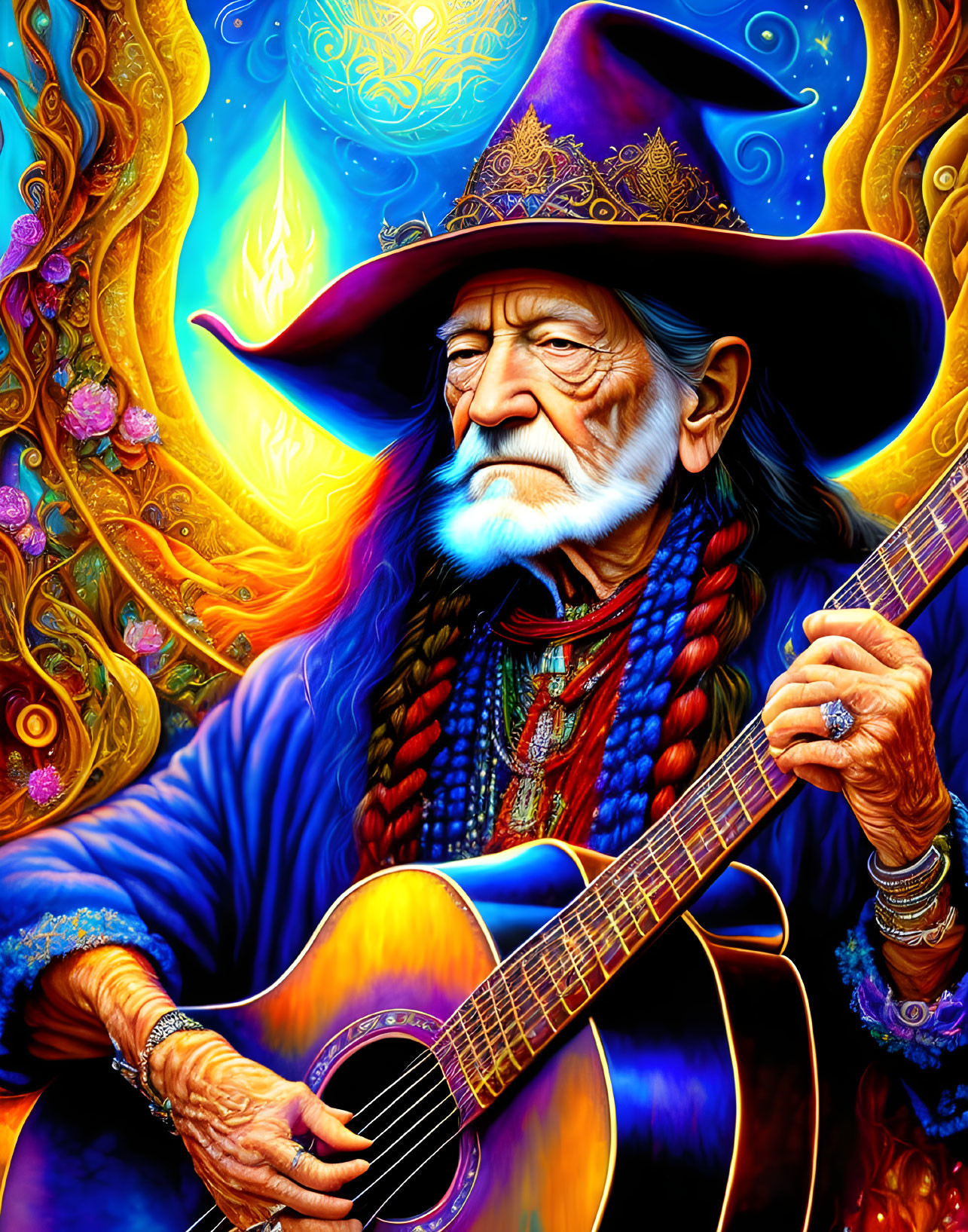 Colorful Illustration: Elderly Man Playing Guitar with Psychedelic Patterns