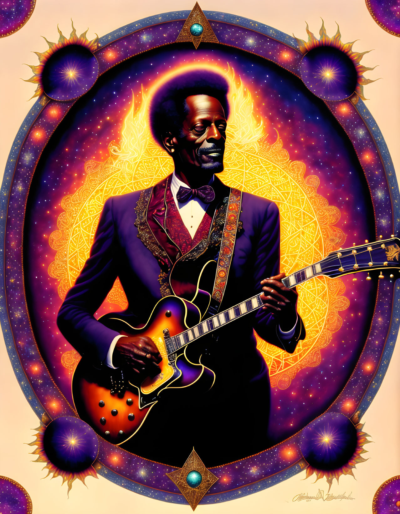 Colorful Cosmic Guitar Man Illustration with Ornate Borders