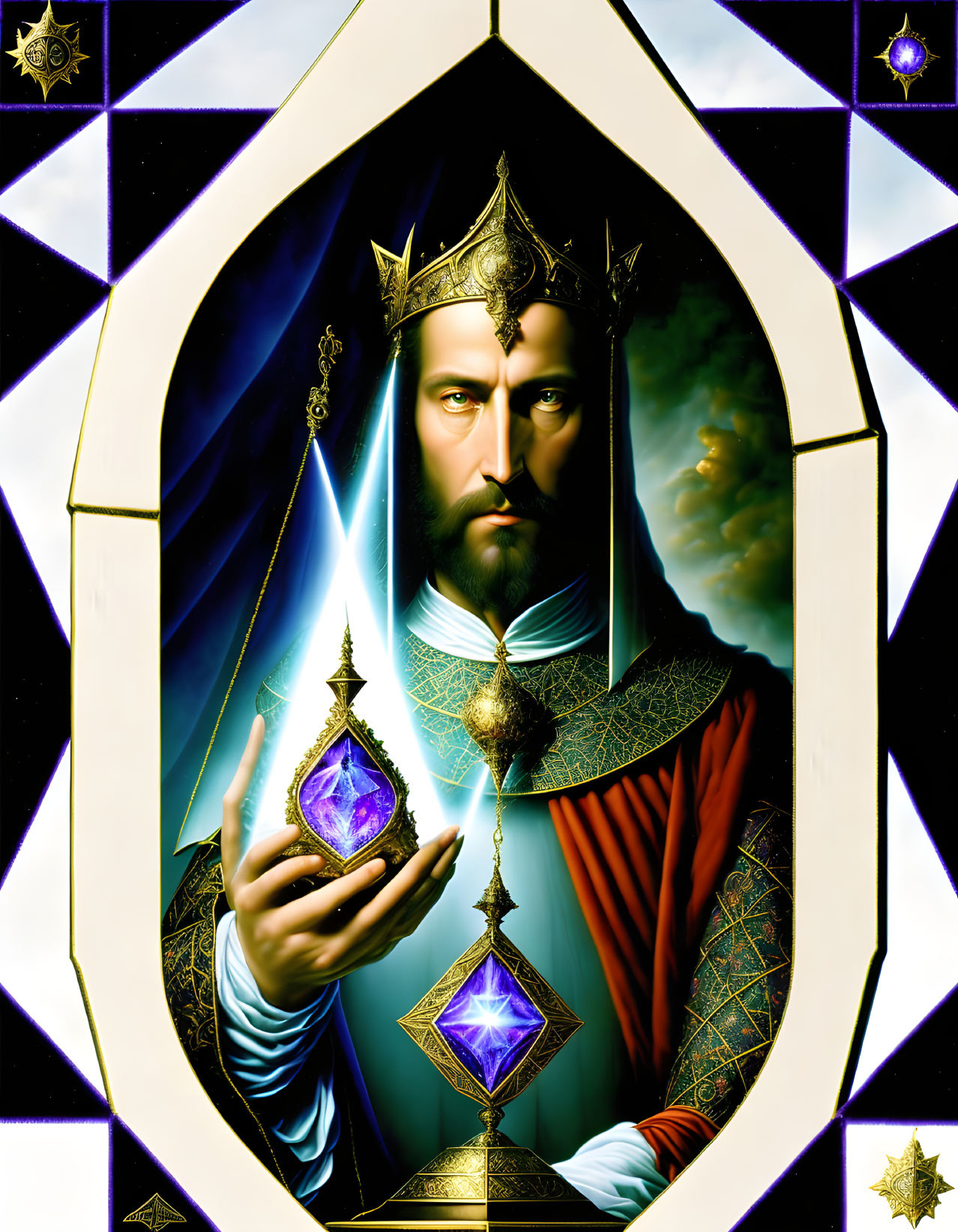 Regal Figure with Crown and Scepter Against Stained Glass Window Motif