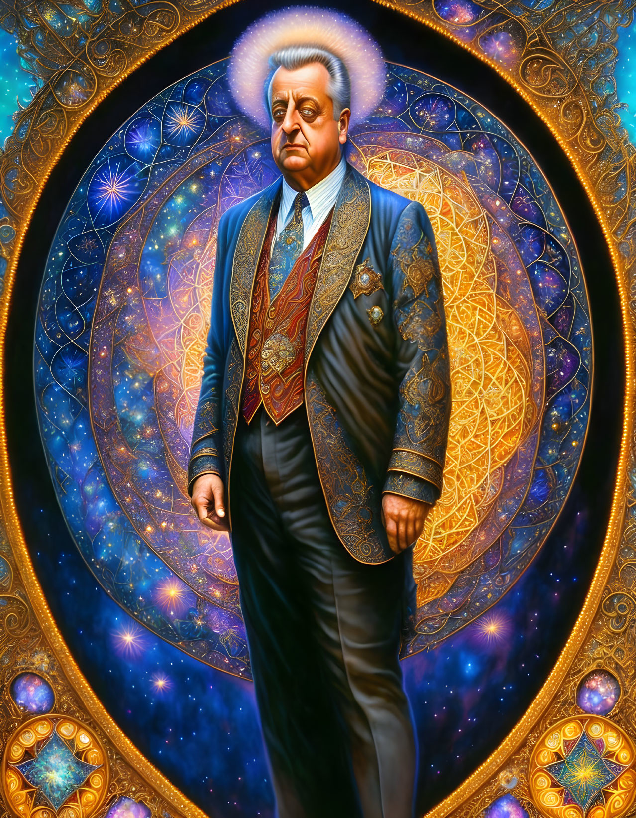 Ornate suit man against cosmic backdrop with celestial motifs