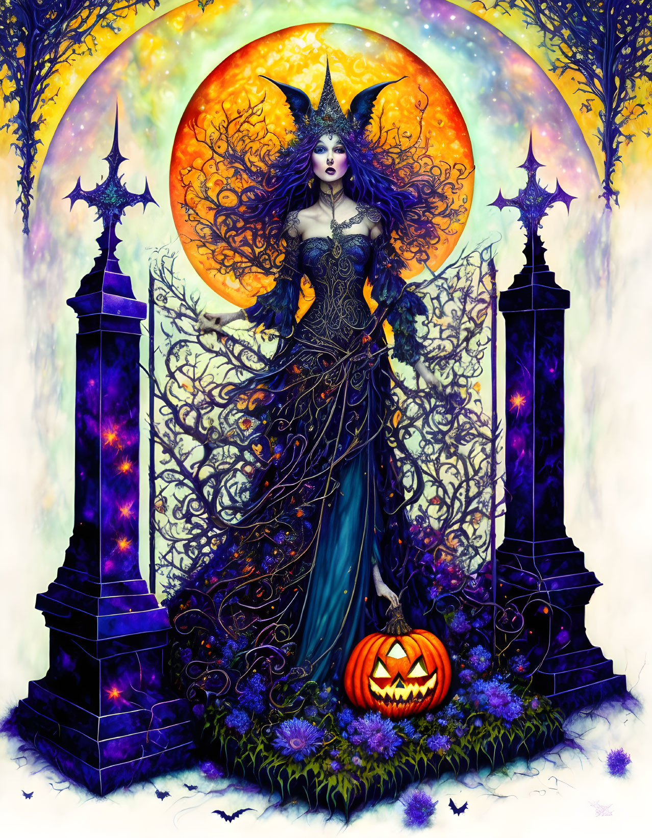 Mystical witch with crescent moon hat under full moon with pumpkins and bats