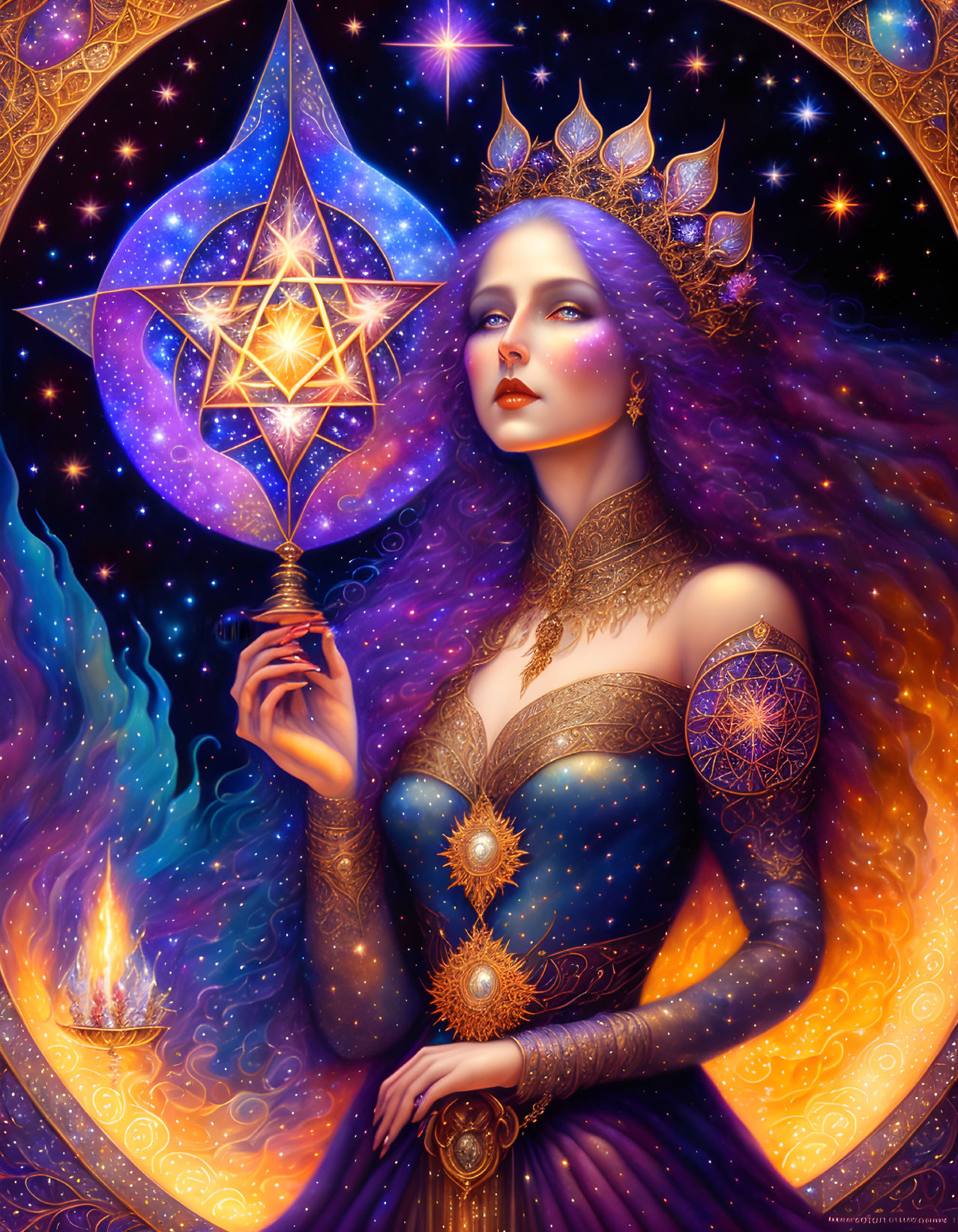 Mystical woman with radiant star in cosmic setting surrounded by flames and astral patterns