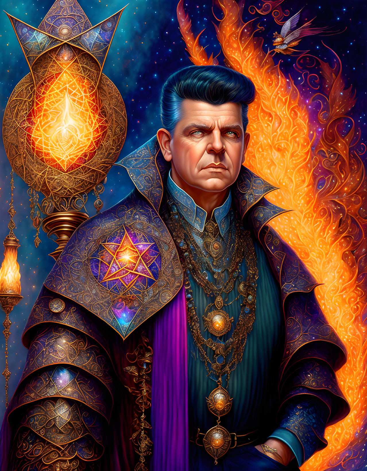 Illustrated portrait of stern man in high collar & ornate robes, engulfed in mystical flames and