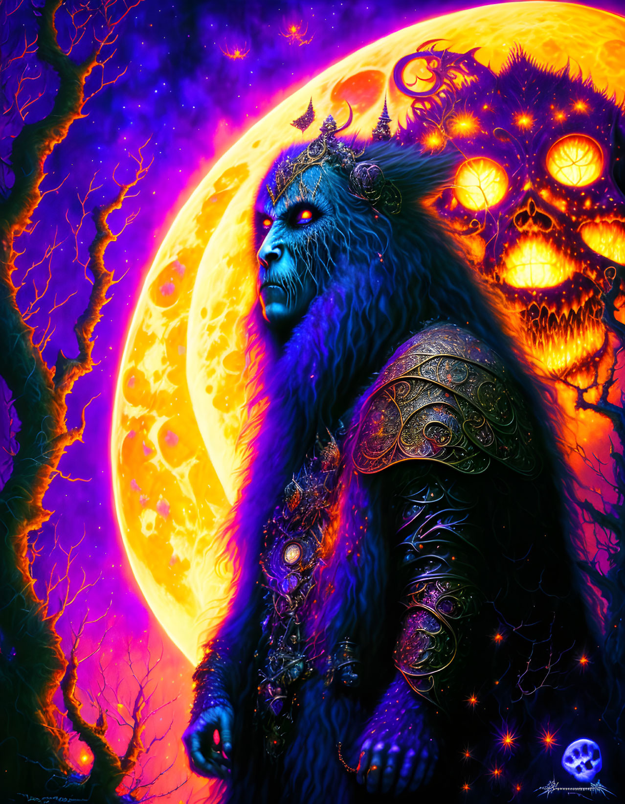 Fantasy illustration of blue-furred beast under cosmic sky