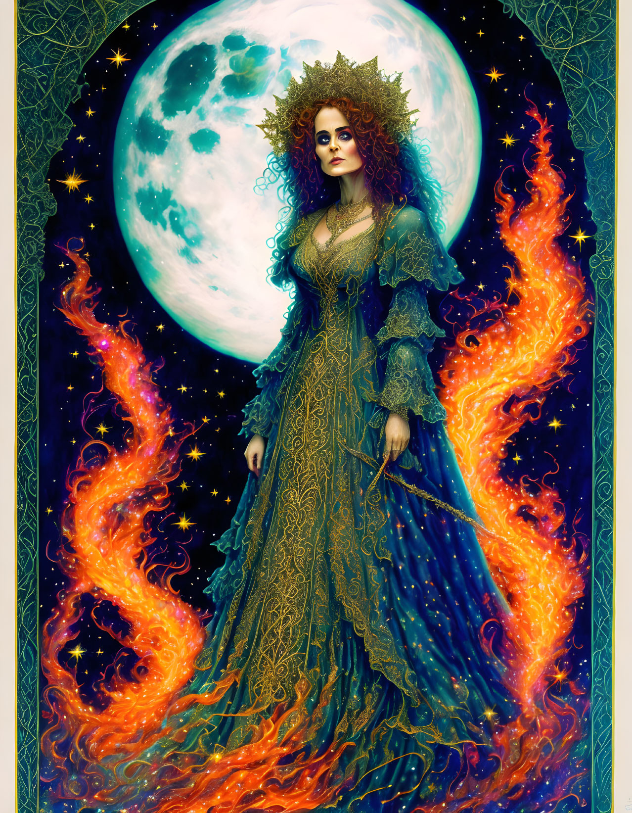 Illustrated woman with fiery hair and green dress under moonlit sky