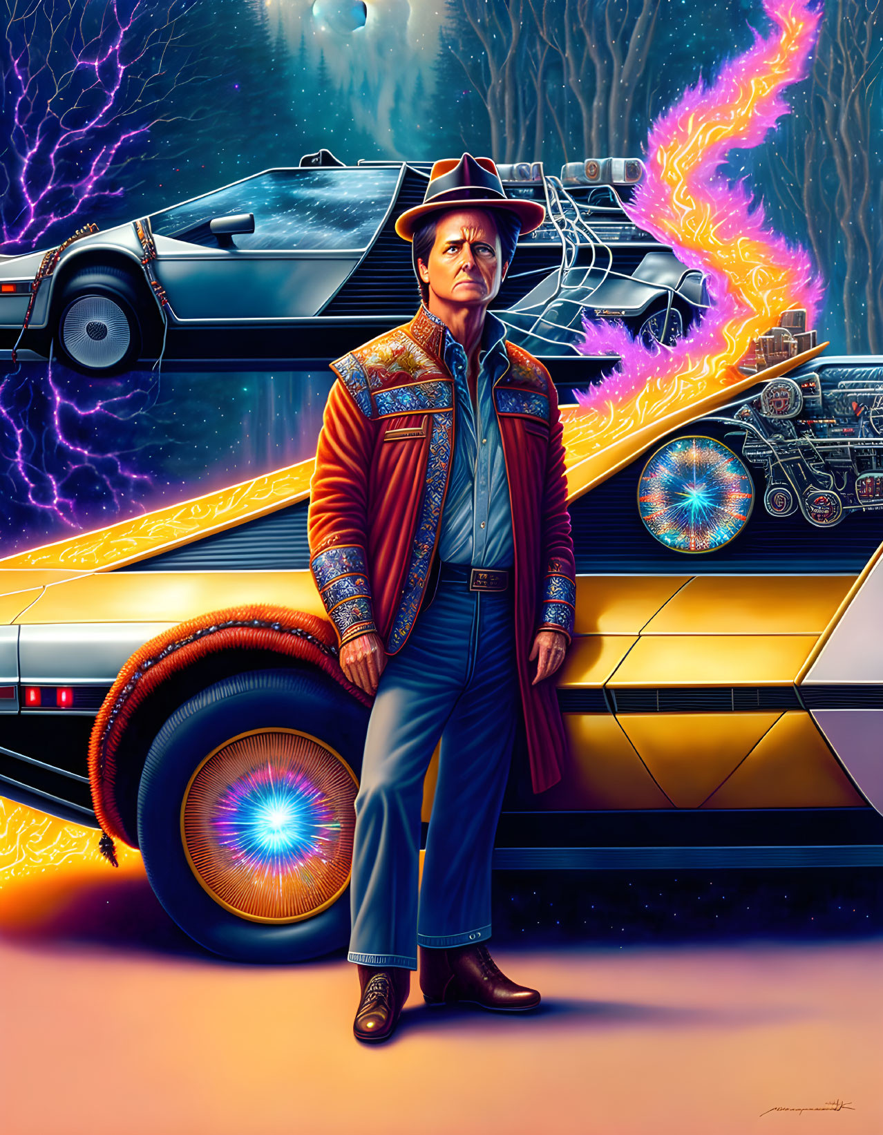 Man in red jacket and fedora with DeLorean and quasar portal in surreal cosmic scene