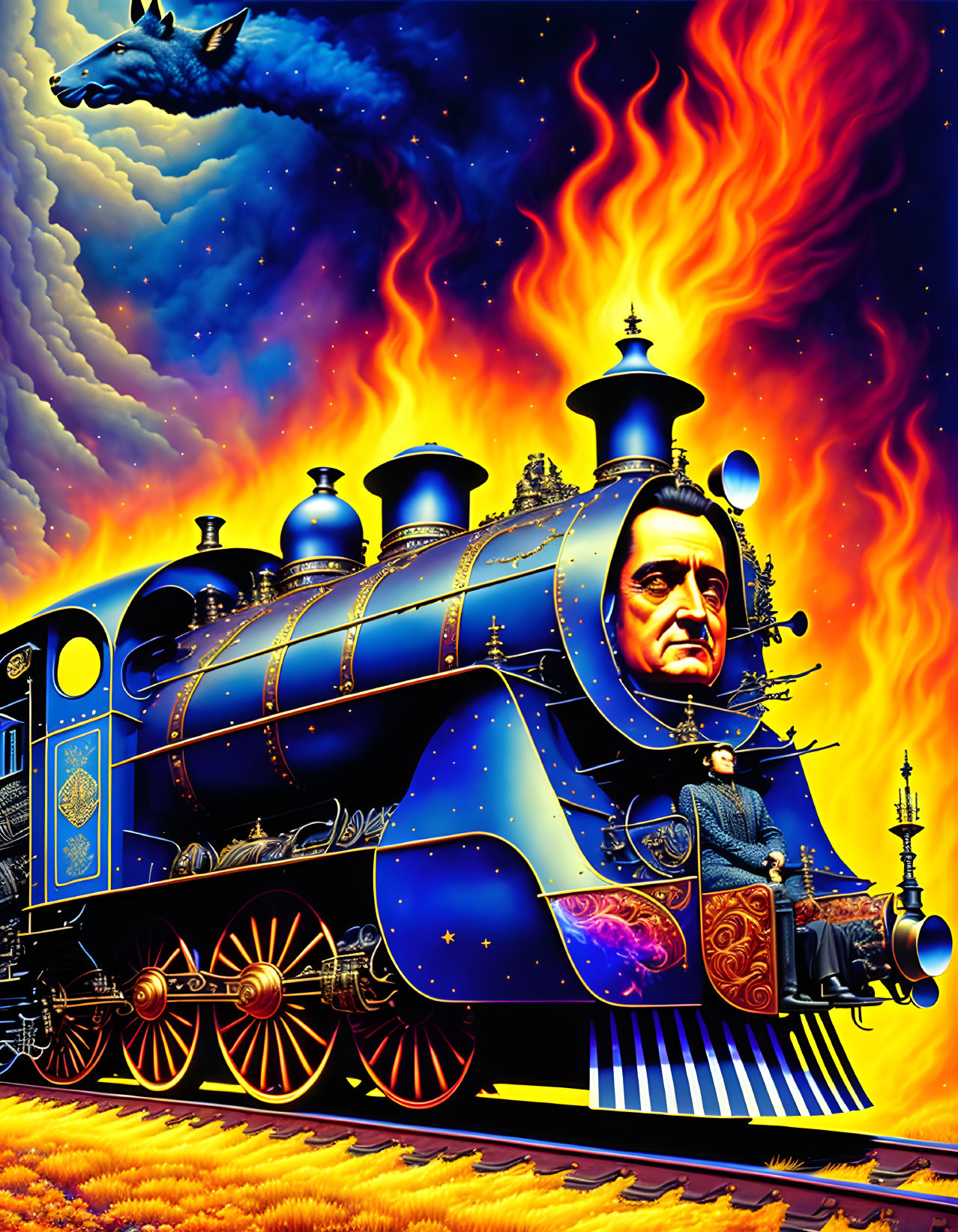 Fantastical train with human face in engine, surrounded by swirling flames and cosmic sky