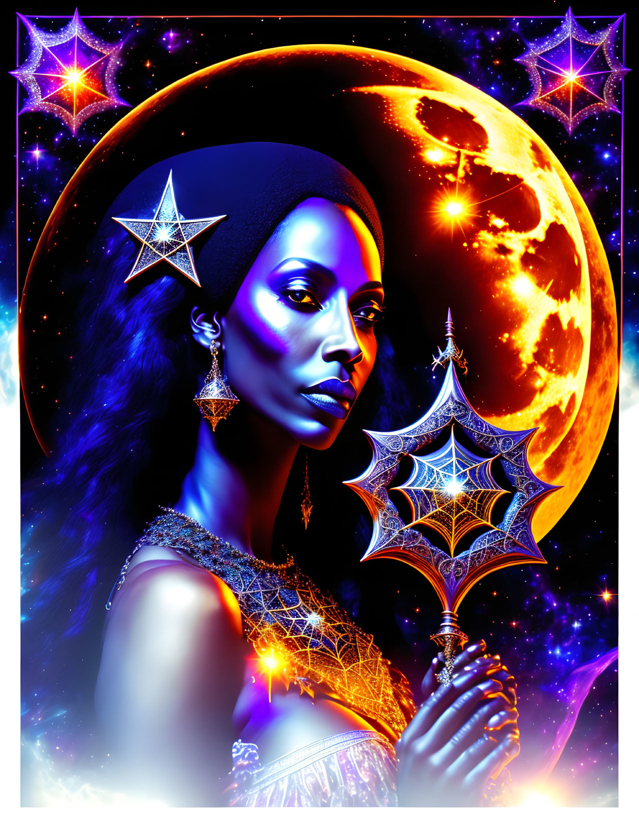 Colorful woman with blue skin and star accessories in cosmic setting.