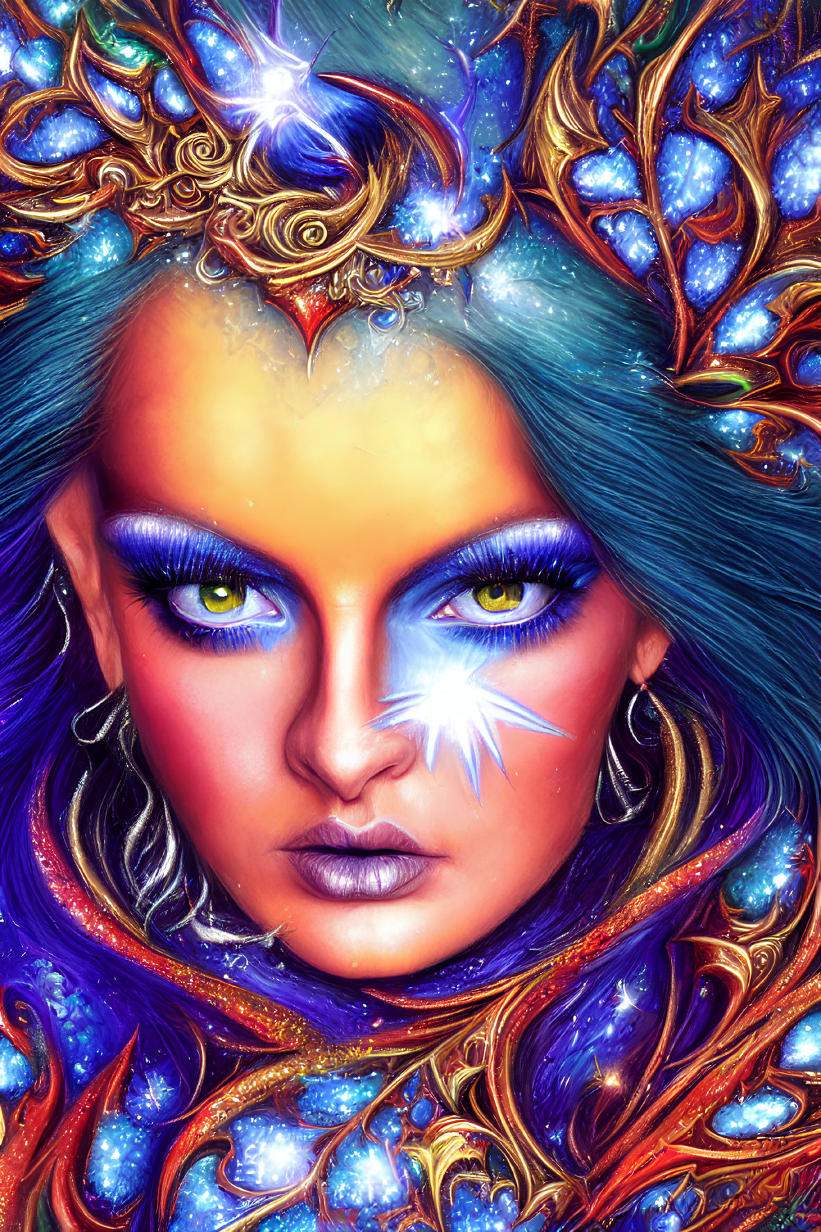 Fantasy portrait of woman with blue skin, glowing eyes, star on forehead, and jewel headwear