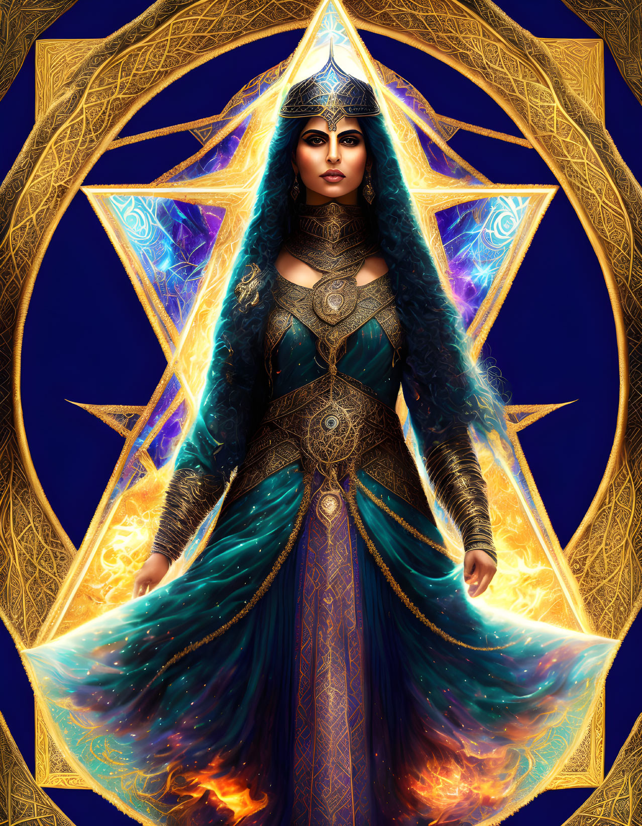 Fantasy illustration of woman in golden armor with cosmic backdrop