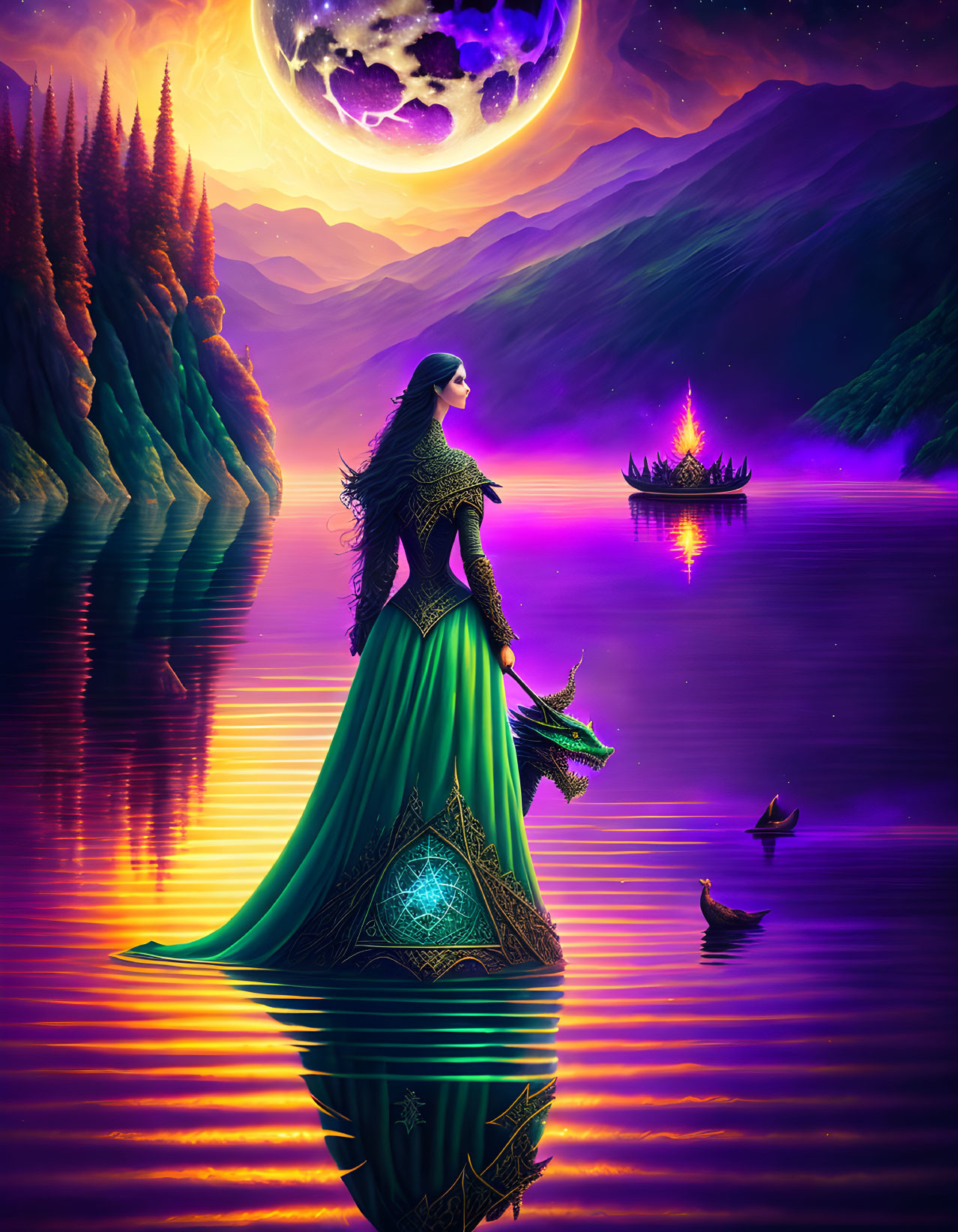 Woman in green dress by purple lake with moon, mountains, and glowing boat