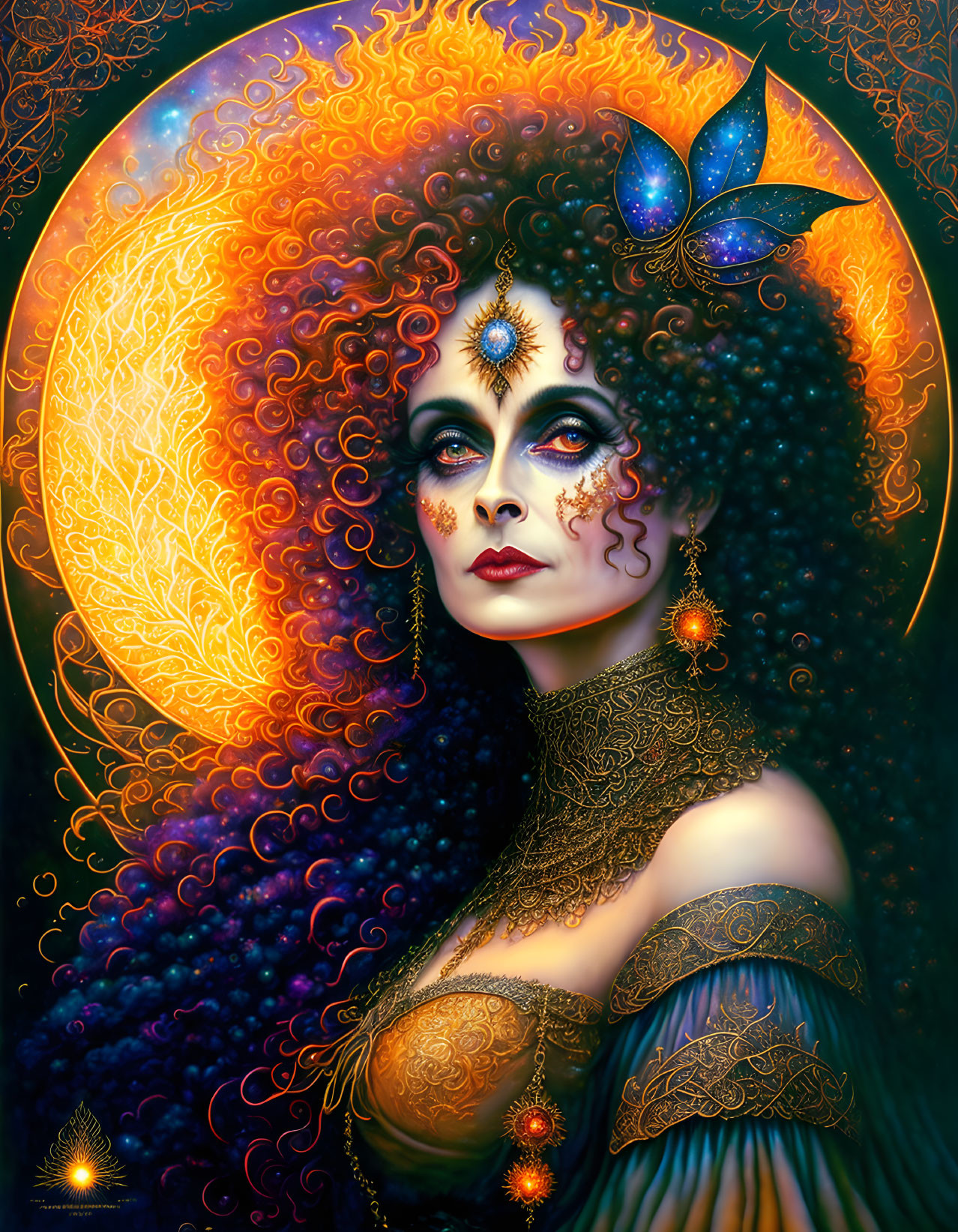 Mystical woman with fiery red hair and gold jewelry under full moon