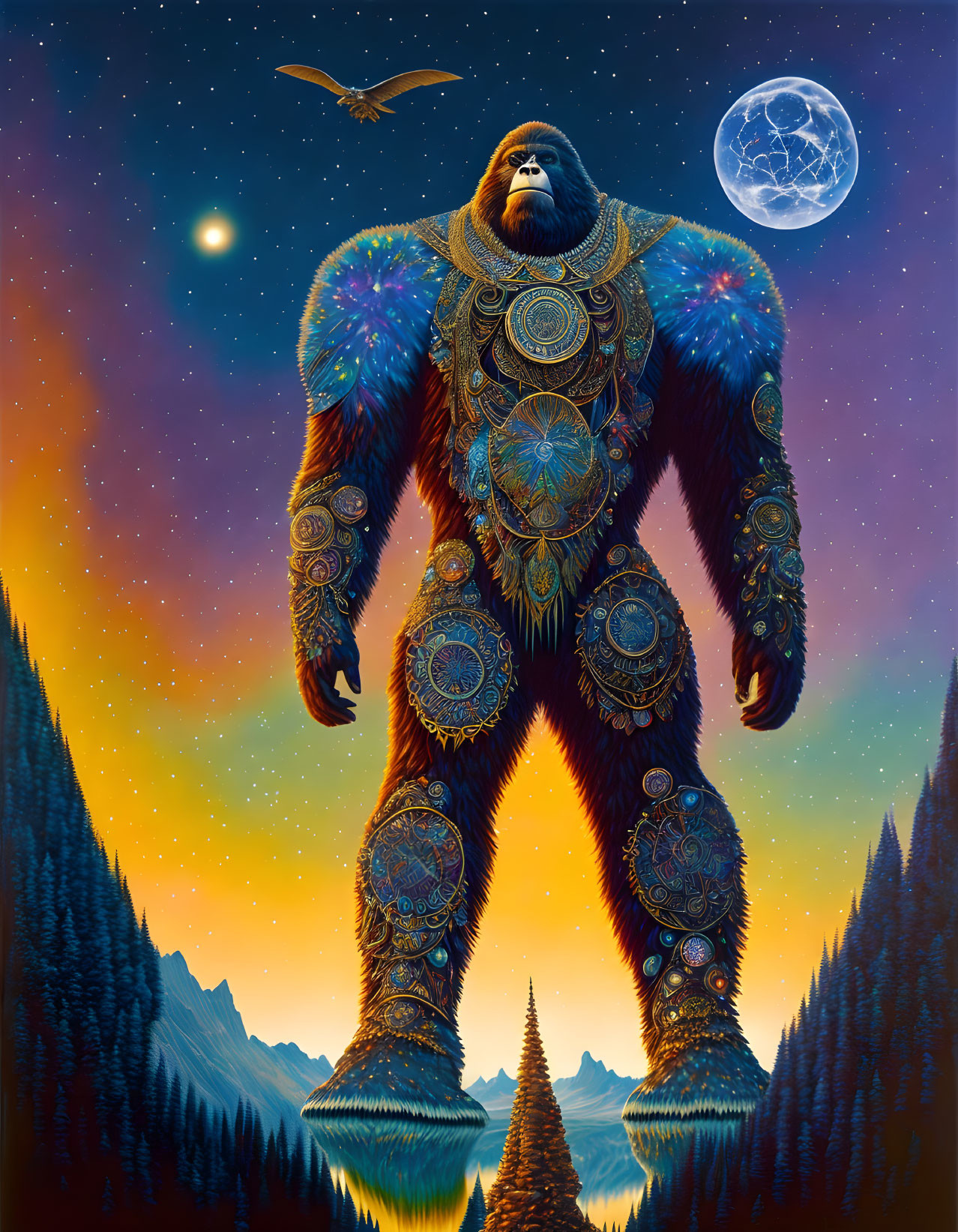 Ornate bear-like figure under starry night with moon, eagle, and sunset horizon