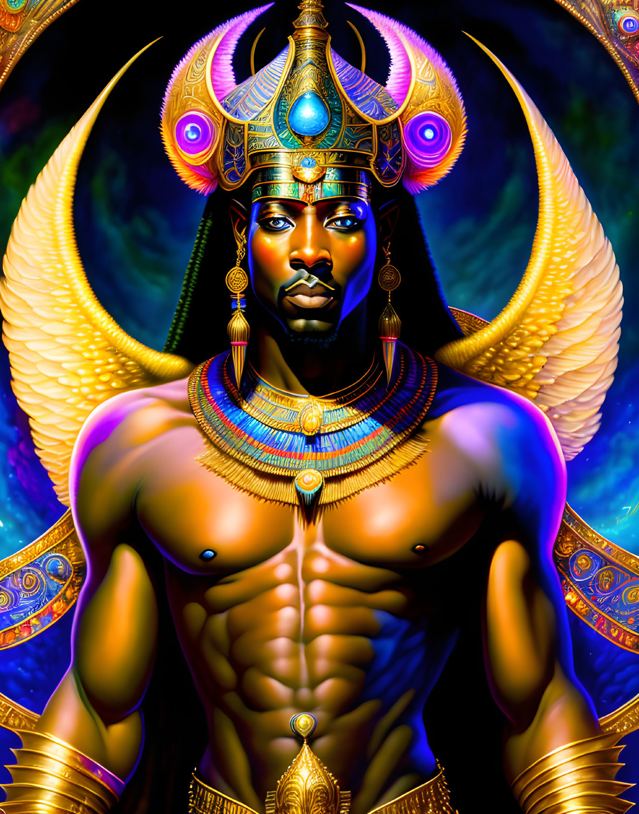 Vibrantly colored mythical figure with golden wings and ornate headdress against cosmic backdrop