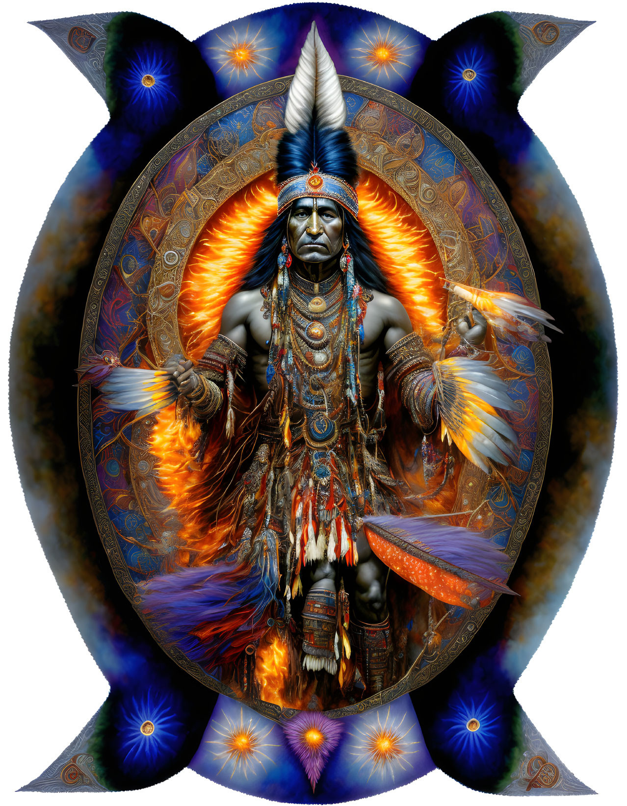 Native American Chief Illustration with Headdress and Feather Fans