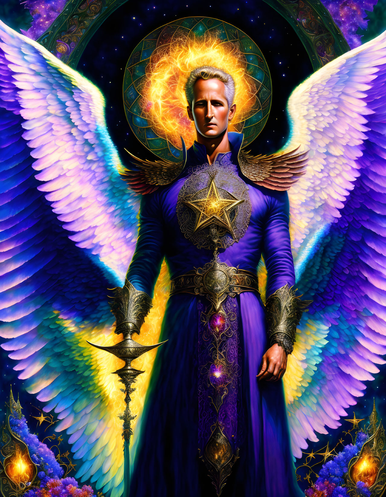 Winged figure in purple robes wields sword in celestial setting