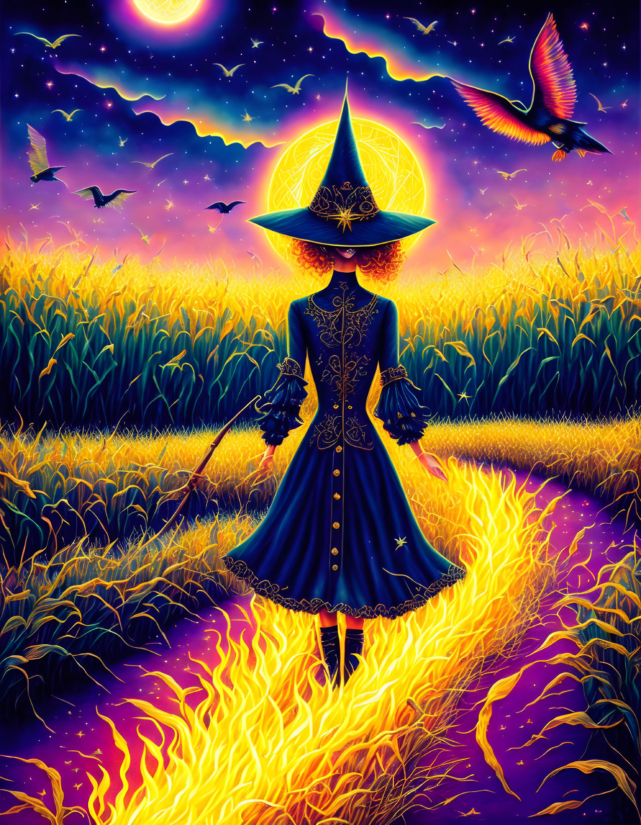 Mystical figure in blue cloak on fiery path in cornfield at night