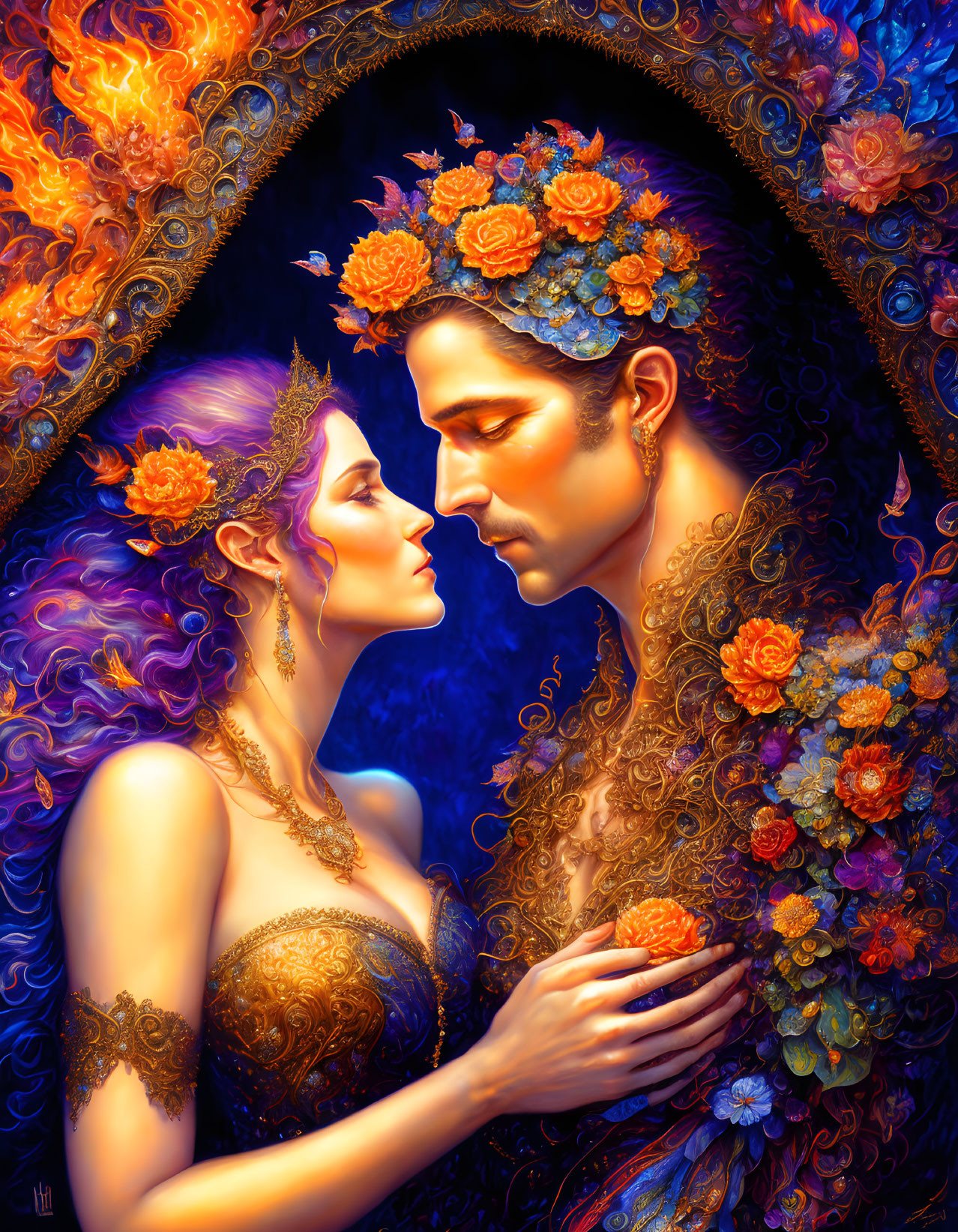 Romantic Embrace Surrounded by Floral Patterns