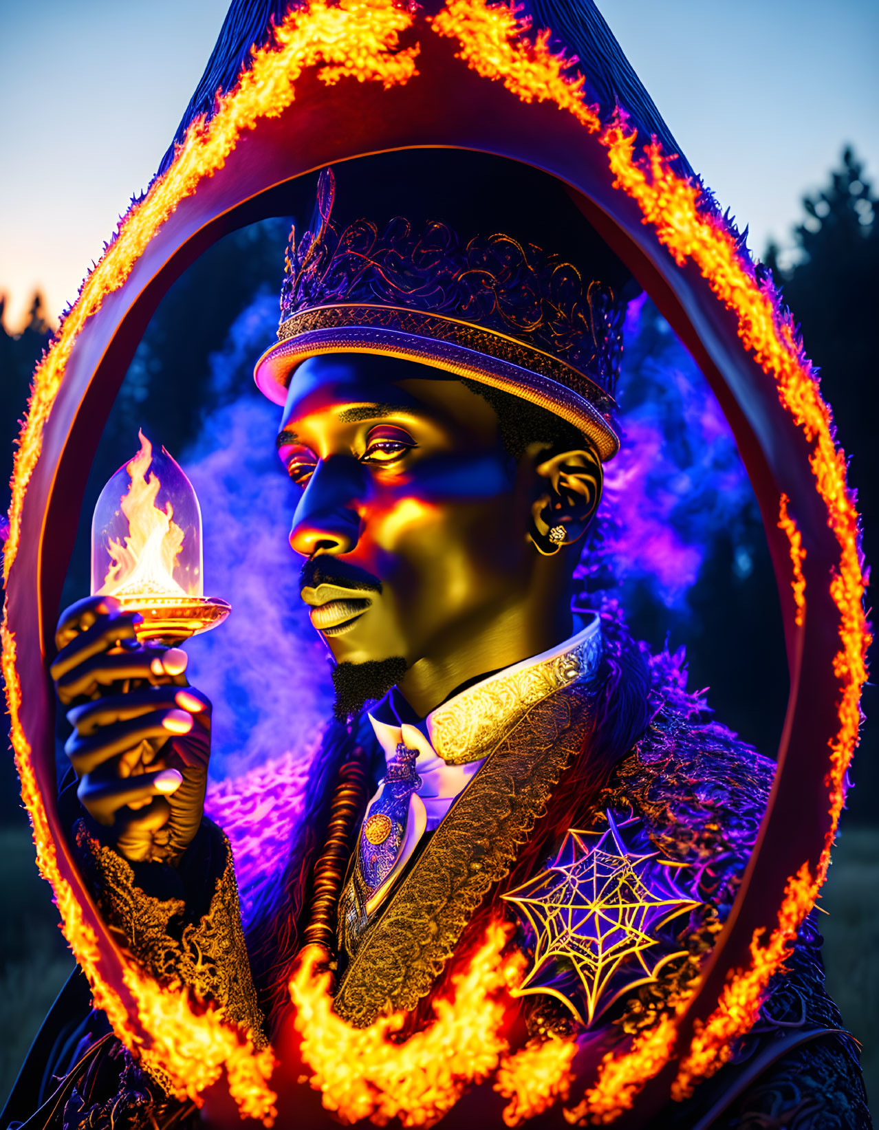 Regal figure with crown holding flame in fiery ring at twilight