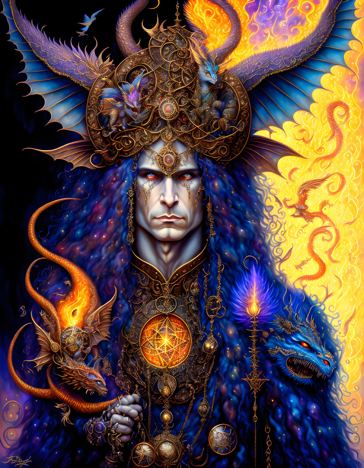 Fantasy artwork featuring male figure with ornate horns and dragon