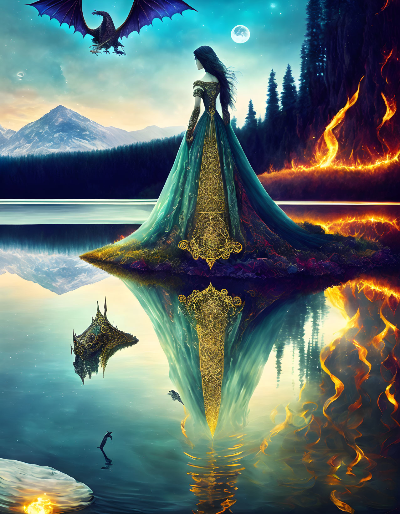 Woman in lavish gown by lake with dragon in surreal landscape