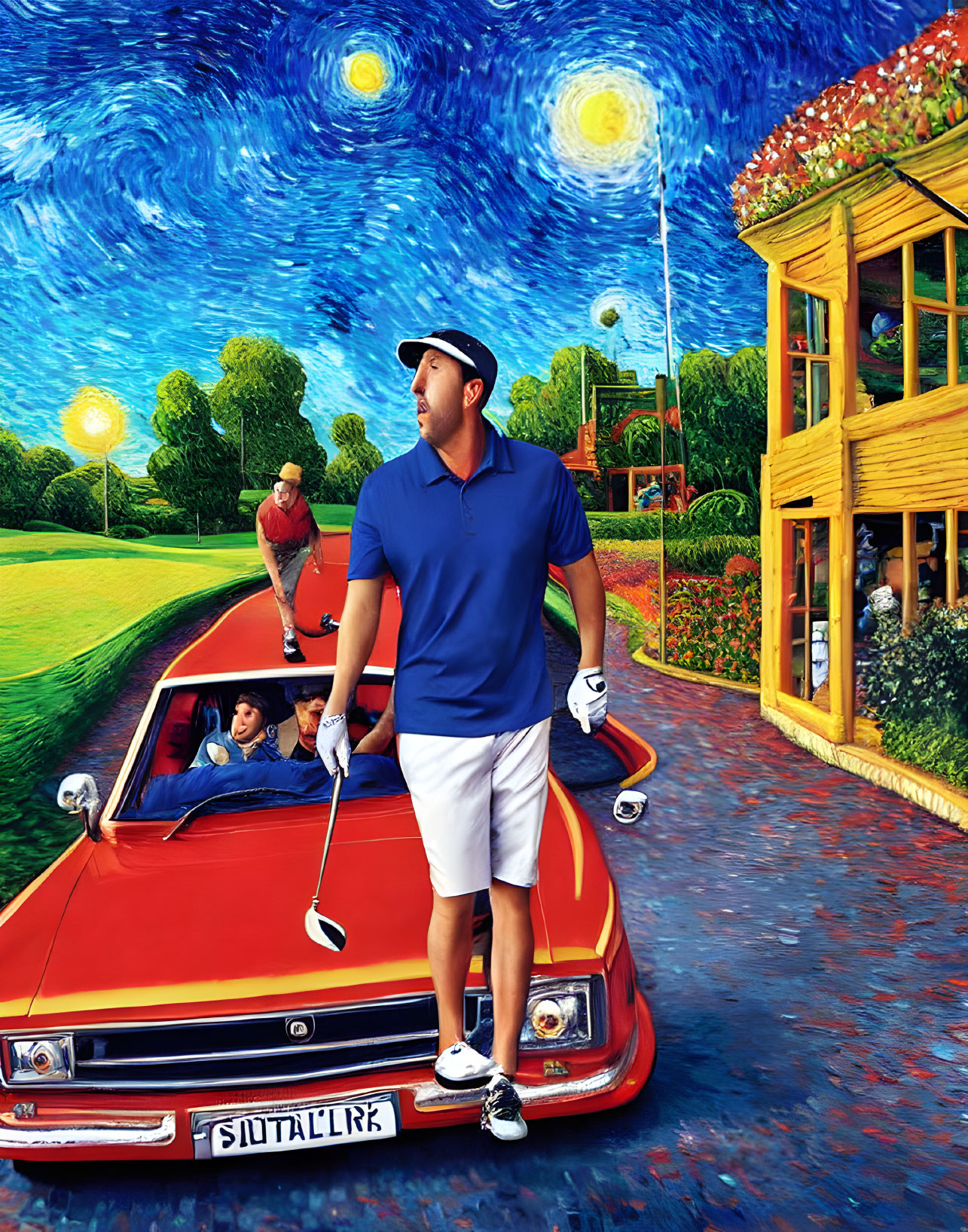 Man on Red Car Roof in Golf Stance with Van Gogh-style Sky and Whimsical House