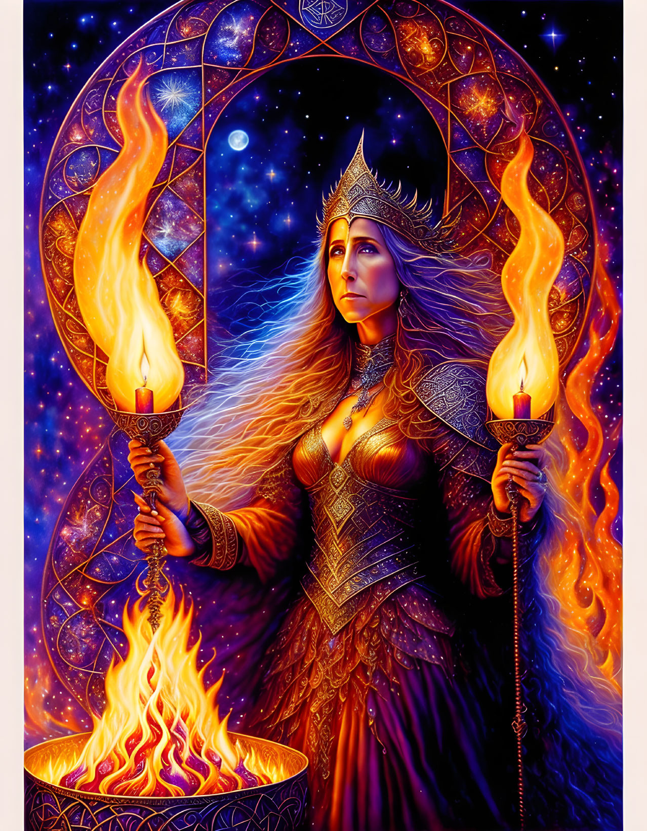 Regal female figure with crown and flames in cosmic background.