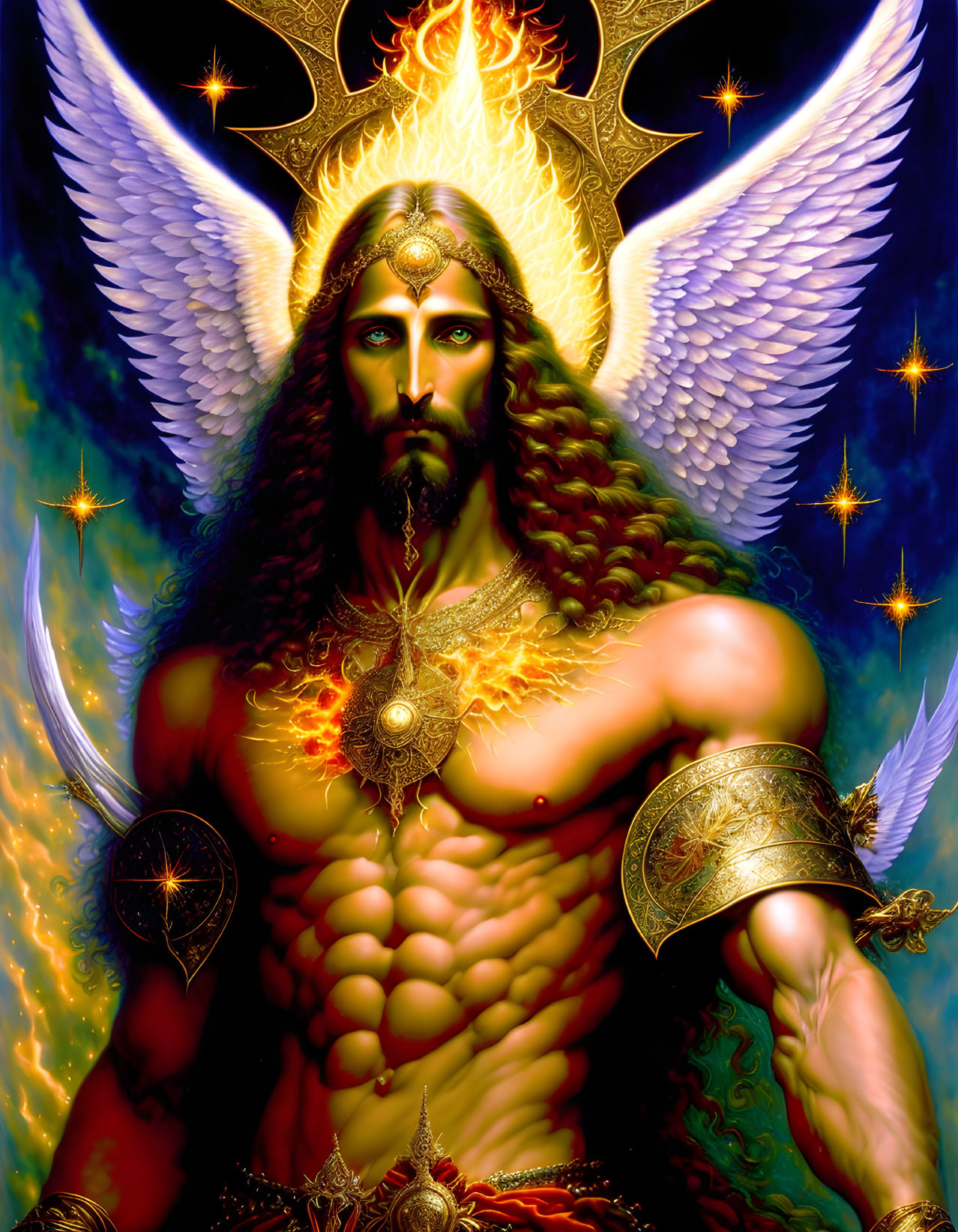 Majestic winged male figure in golden armor against cosmic backdrop