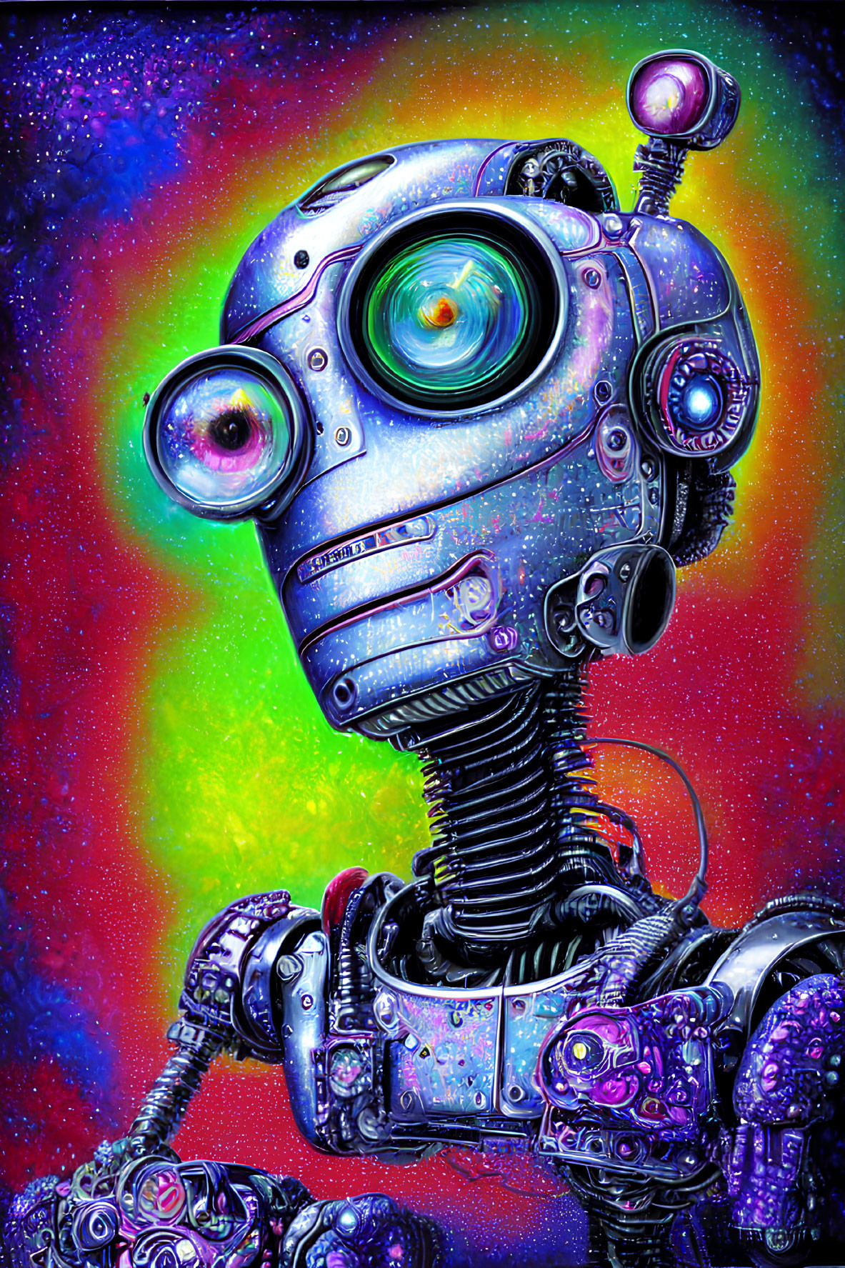 Detailed illustration of a multi-eyed robot on cosmic background